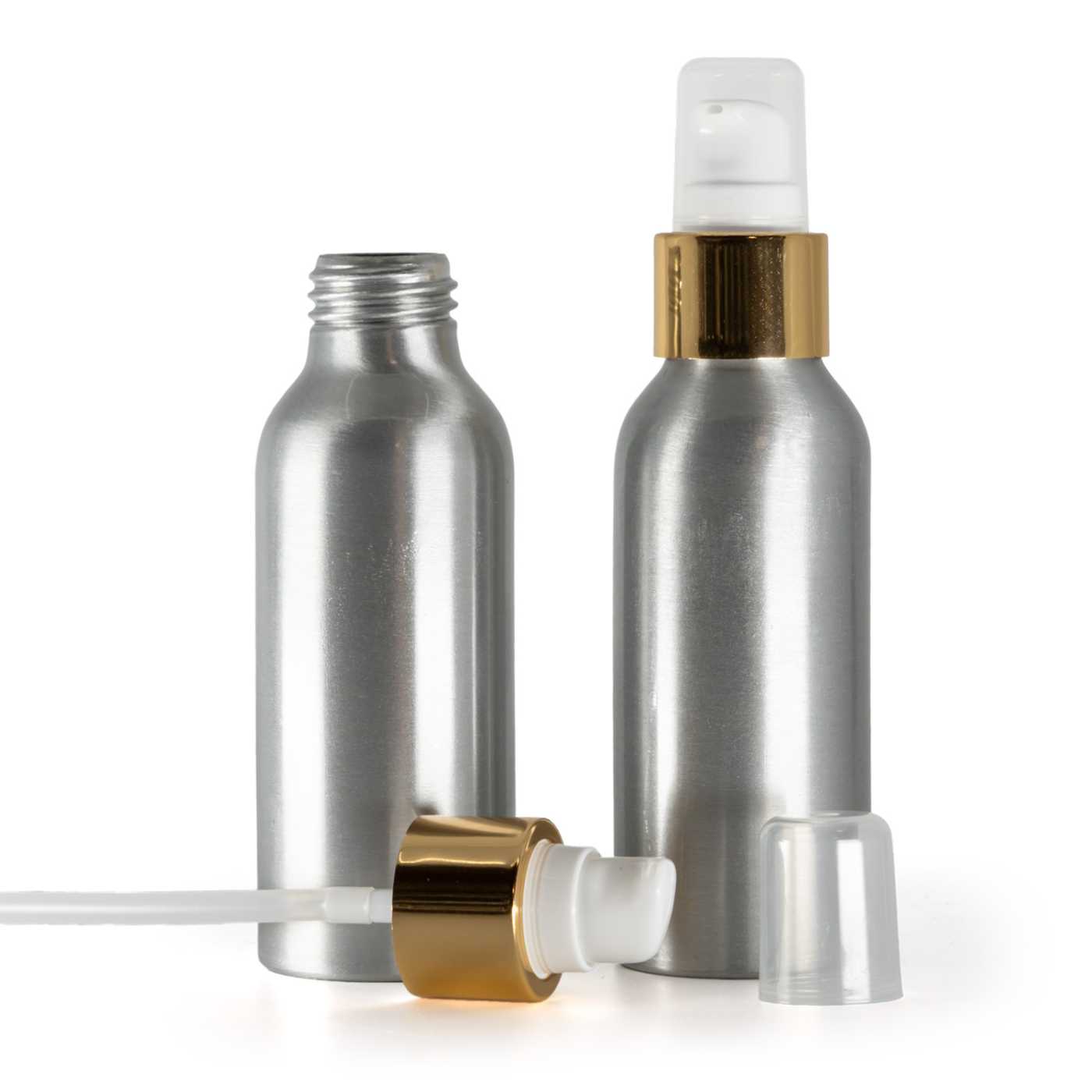 Butelka aluminiowa, biało-złoty dozownik z nakładką, 100 ml
