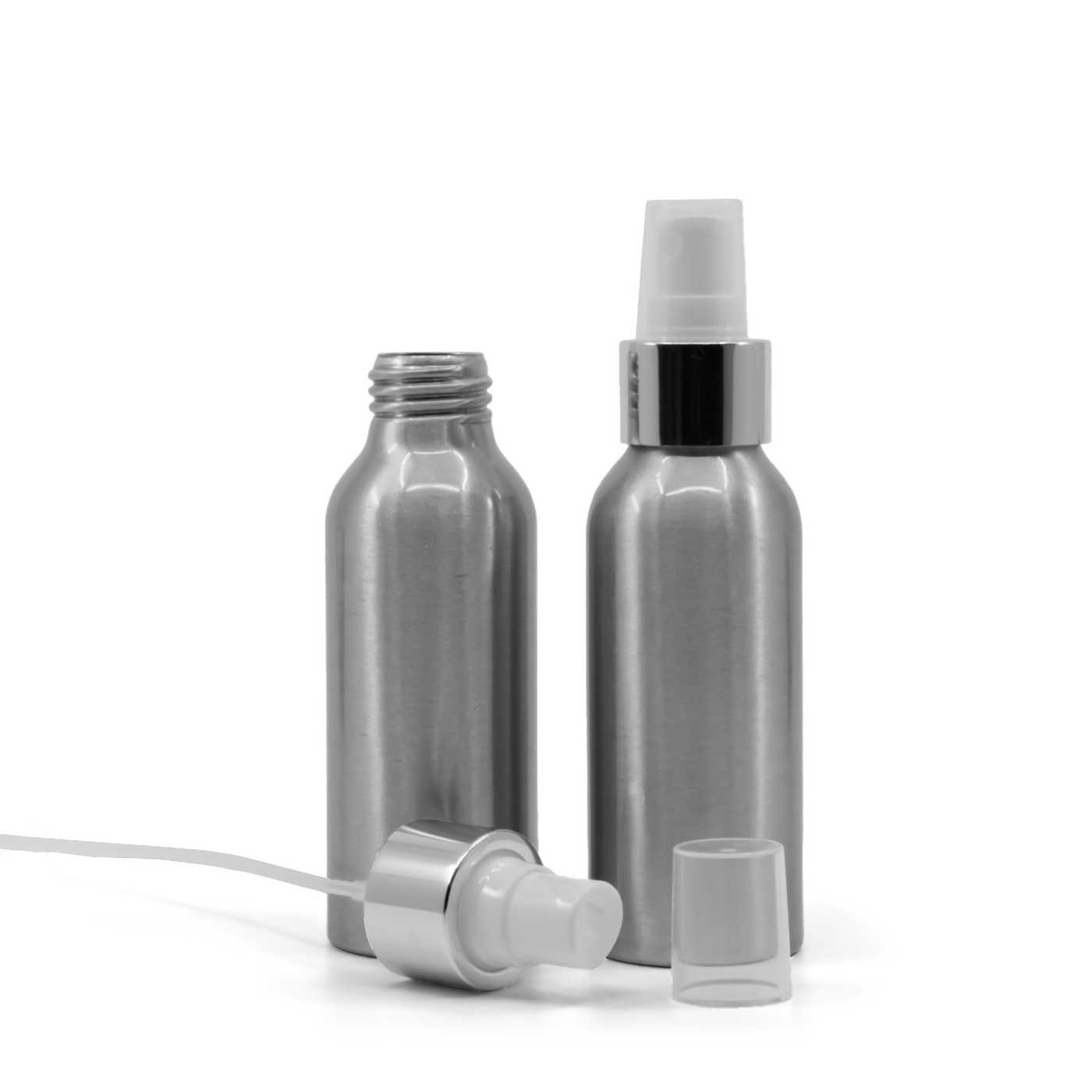 Hliníková fľaša, biely rozprašovač, strieborná lesklá obruč, 100 ml