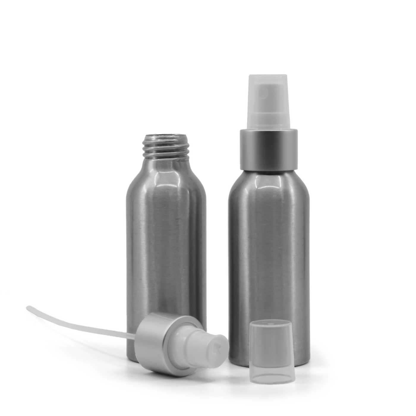 Butelka aluminiowa, biały atomizer, matowa srebrna obręcz, 100 ml