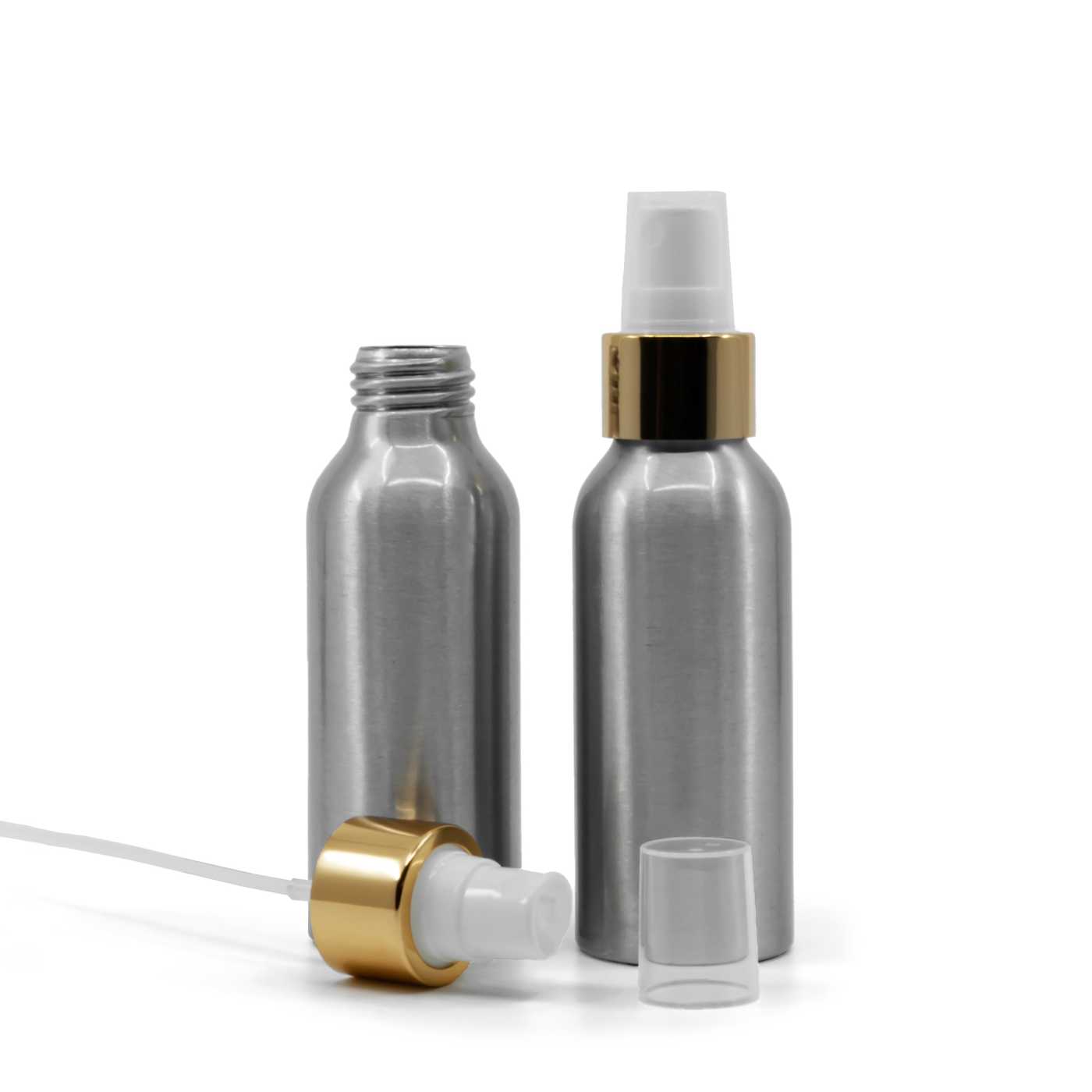 Bouteille en aluminium, spray brume fine blanc, bague dorée brillante, 100 ml