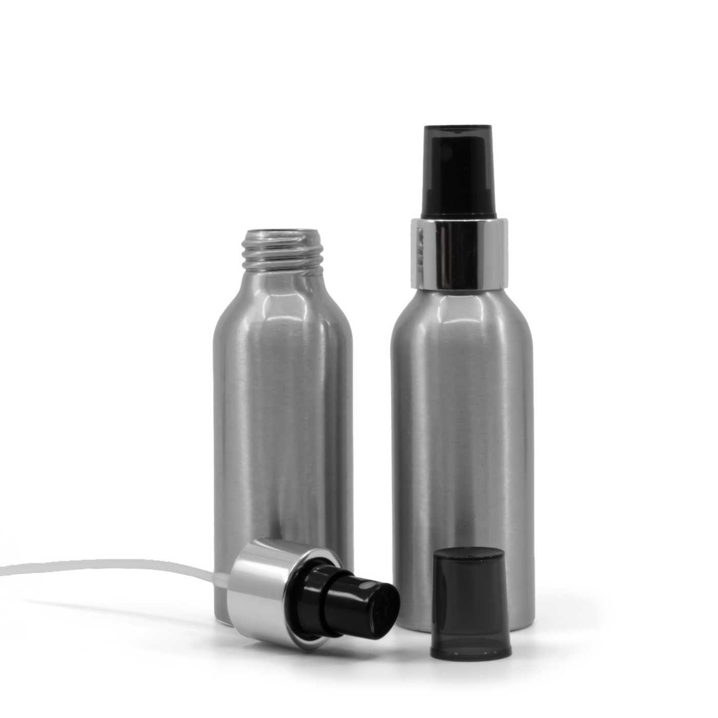 Butelka aluminiowa, czarny atomizer z błyszczącą srebrną obręczą, 100 ml