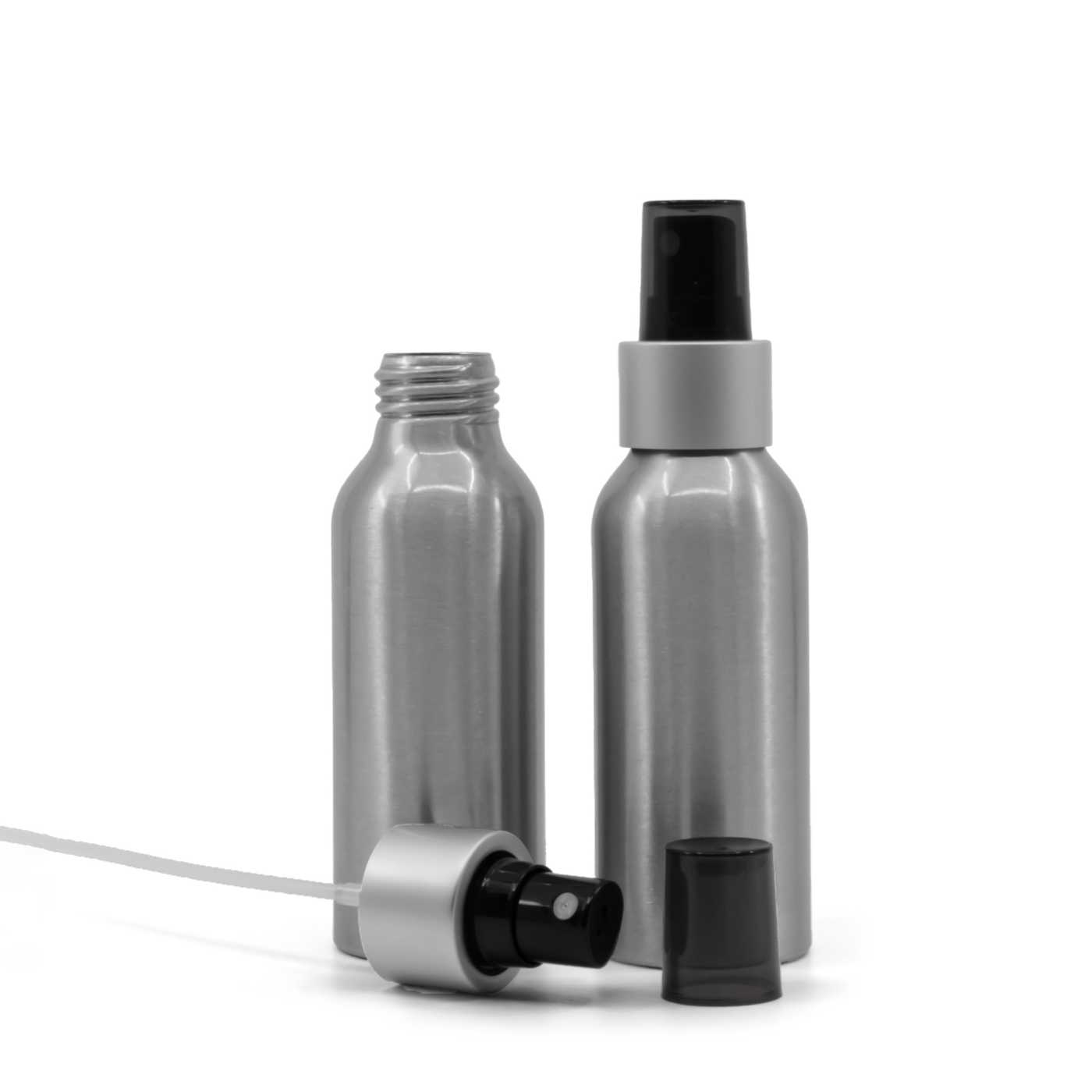 Butelka aluminiowa, czarny atomizer z matową srebrną obręczą, przydymiona nasadka, 100 ml