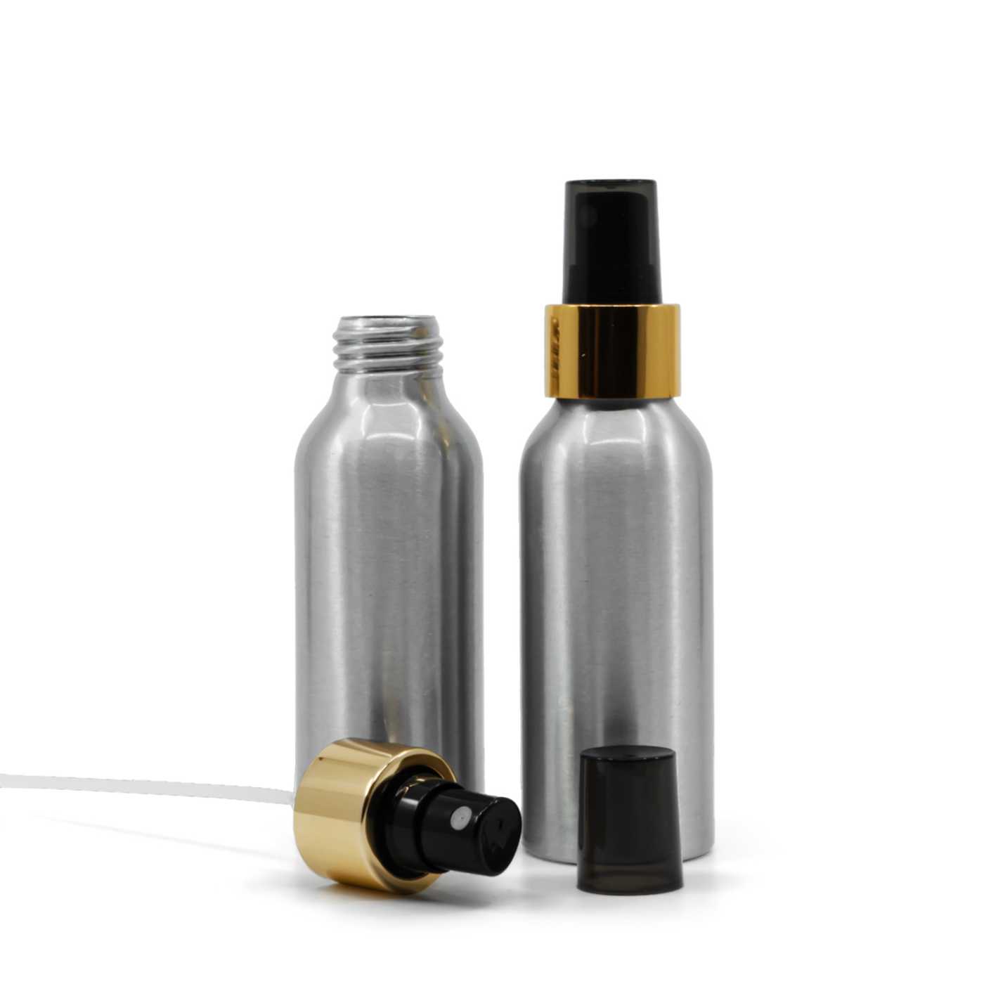 Butelka aluminiowa, czarny atomizer, błyszcząca złota obręcz, 100 ml