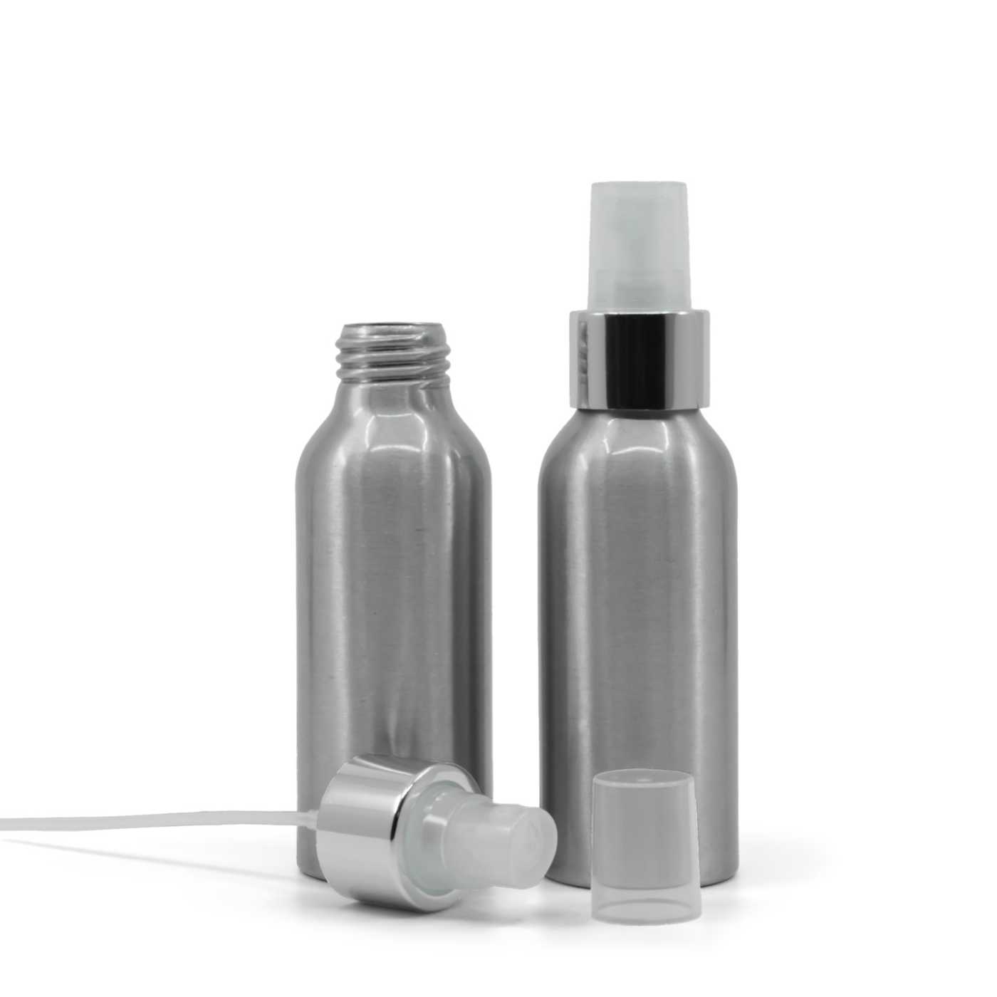 Butelka aluminiowa, przezroczysty atomizer z błyszczącą srebrną obręczą, 100 ml