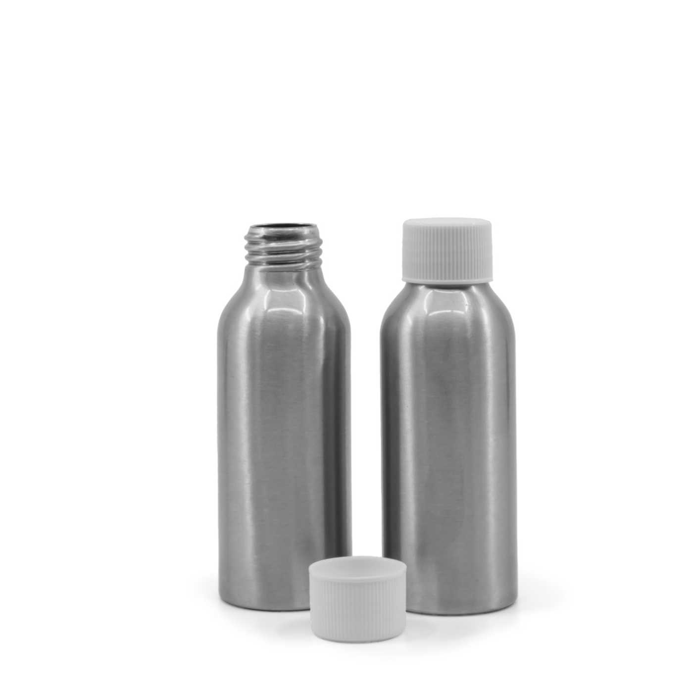 Butelka aluminiowa z białą plastikową nakrętką, 100 ml