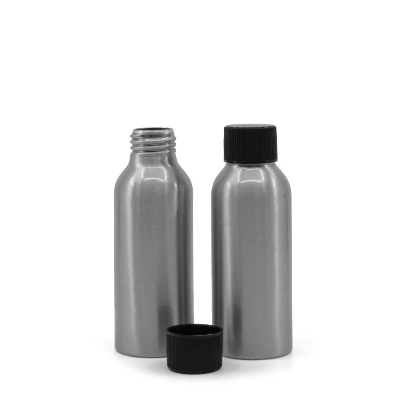 Butelka aluminiowa z czarną karbowaną plastikową nakrętką, 100 ml