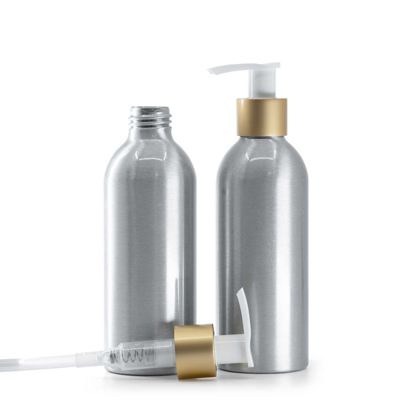 Hliníková fľaša, bielo-zlatý matný dávkovač, 200 ml