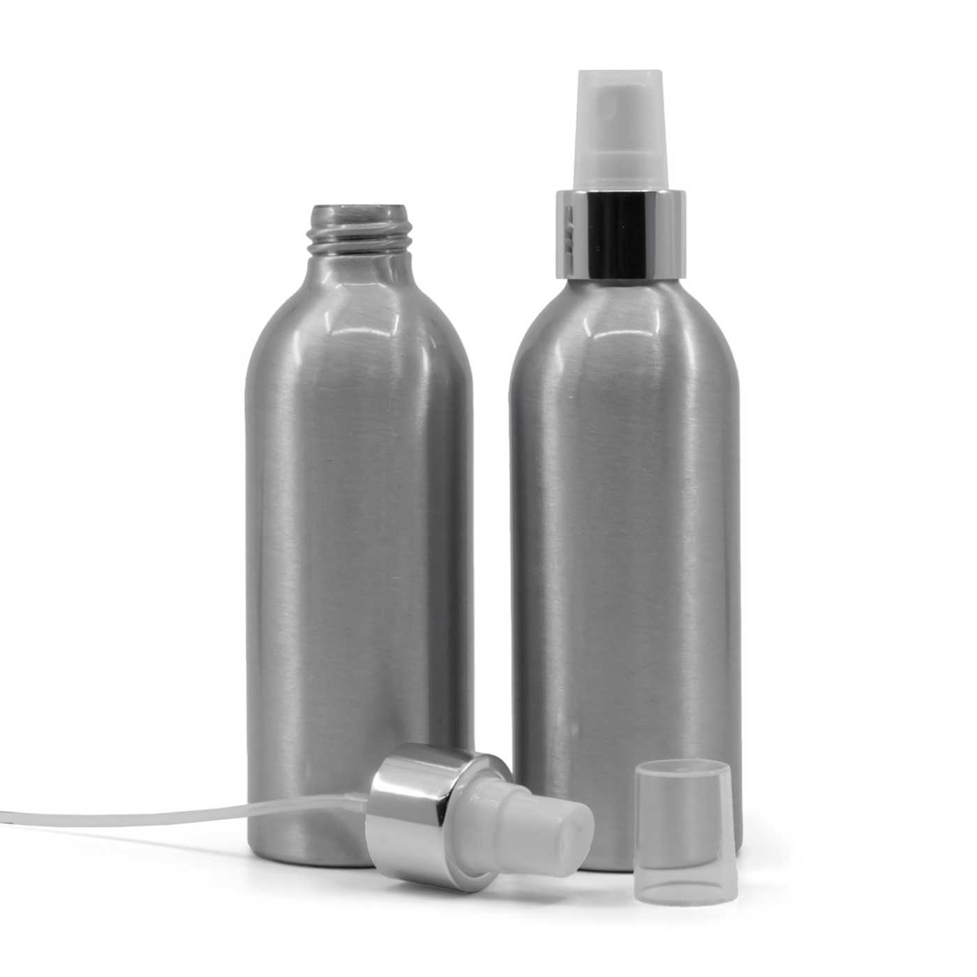 Hliníková fľaša, biely rozprašovač, strieborná lesklá obruč, 200 ml