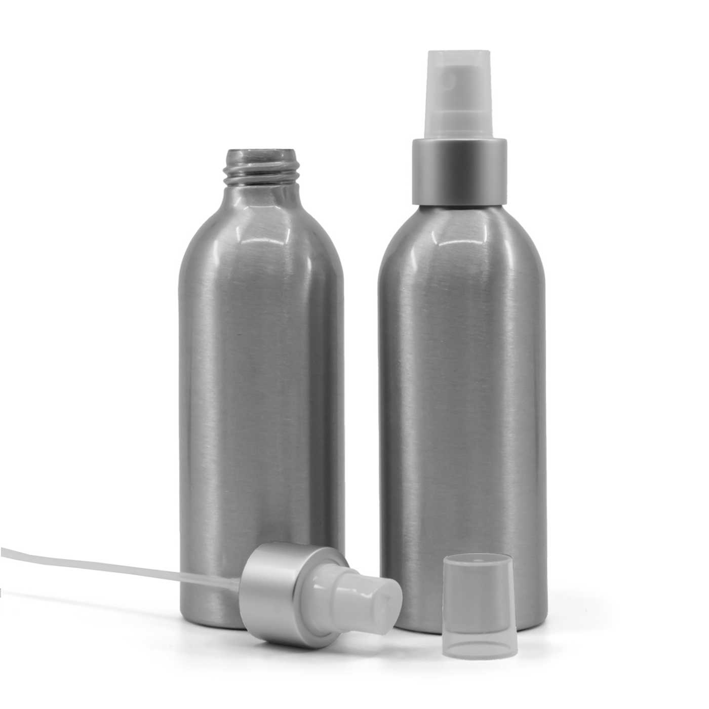 Hliníková fľaša, biely rozprašovač, strieborná matná obruč, 200 ml