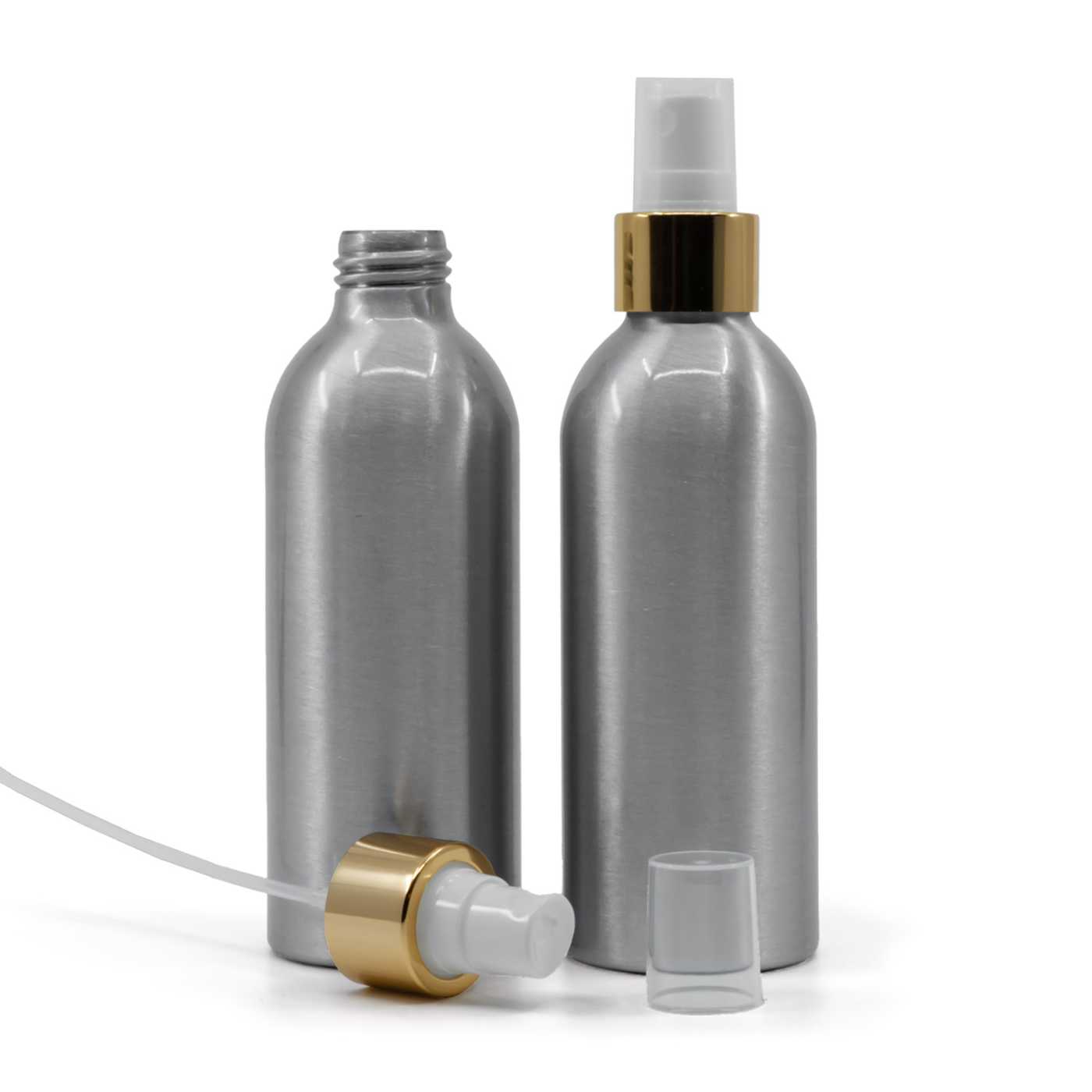 Hliníková fľaša, biely rozprašovač, zlatá lesklá obruč, 200 ml