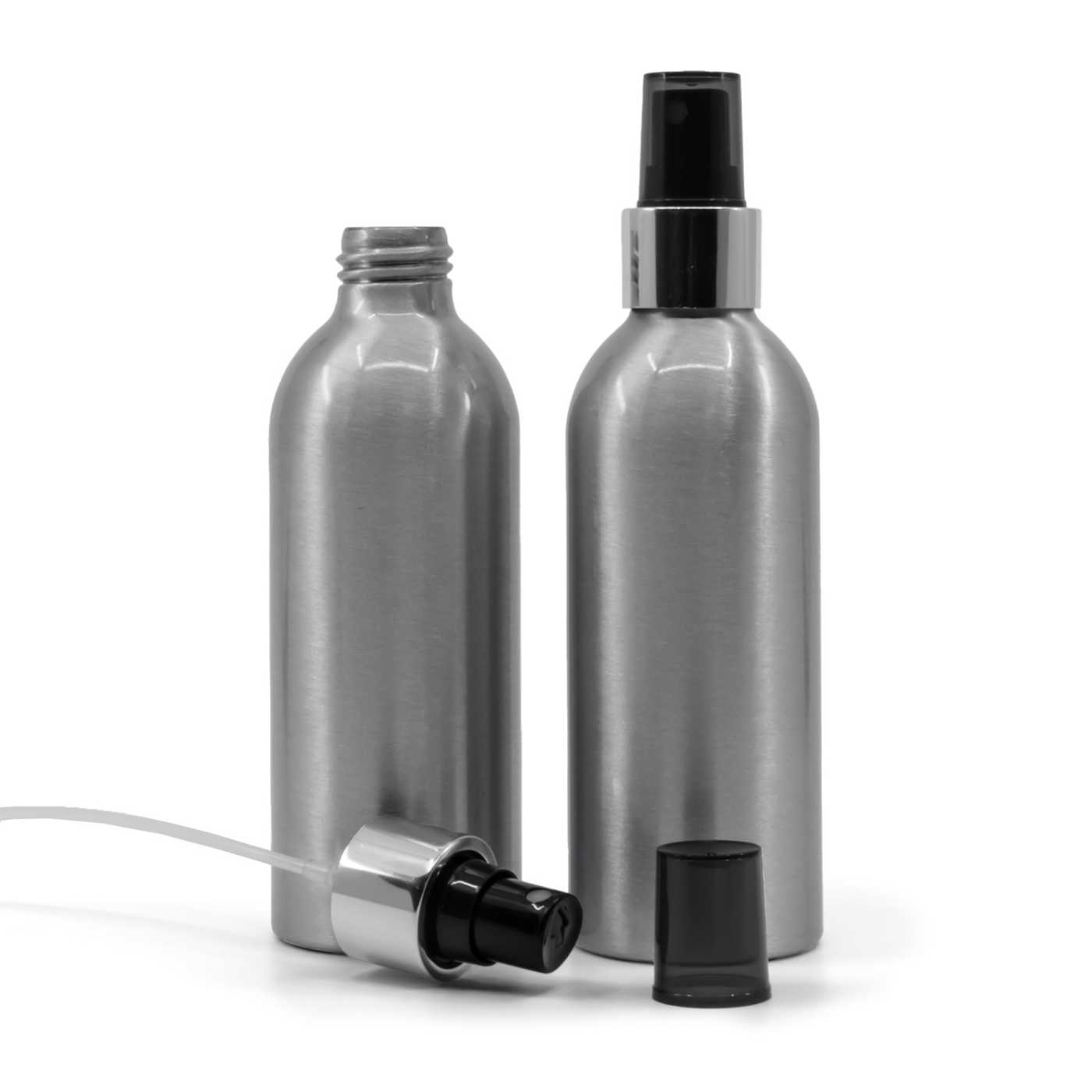 Hliníková fľaša, rozprašovač čierny, strieborná lesklá obruč, 200 ml