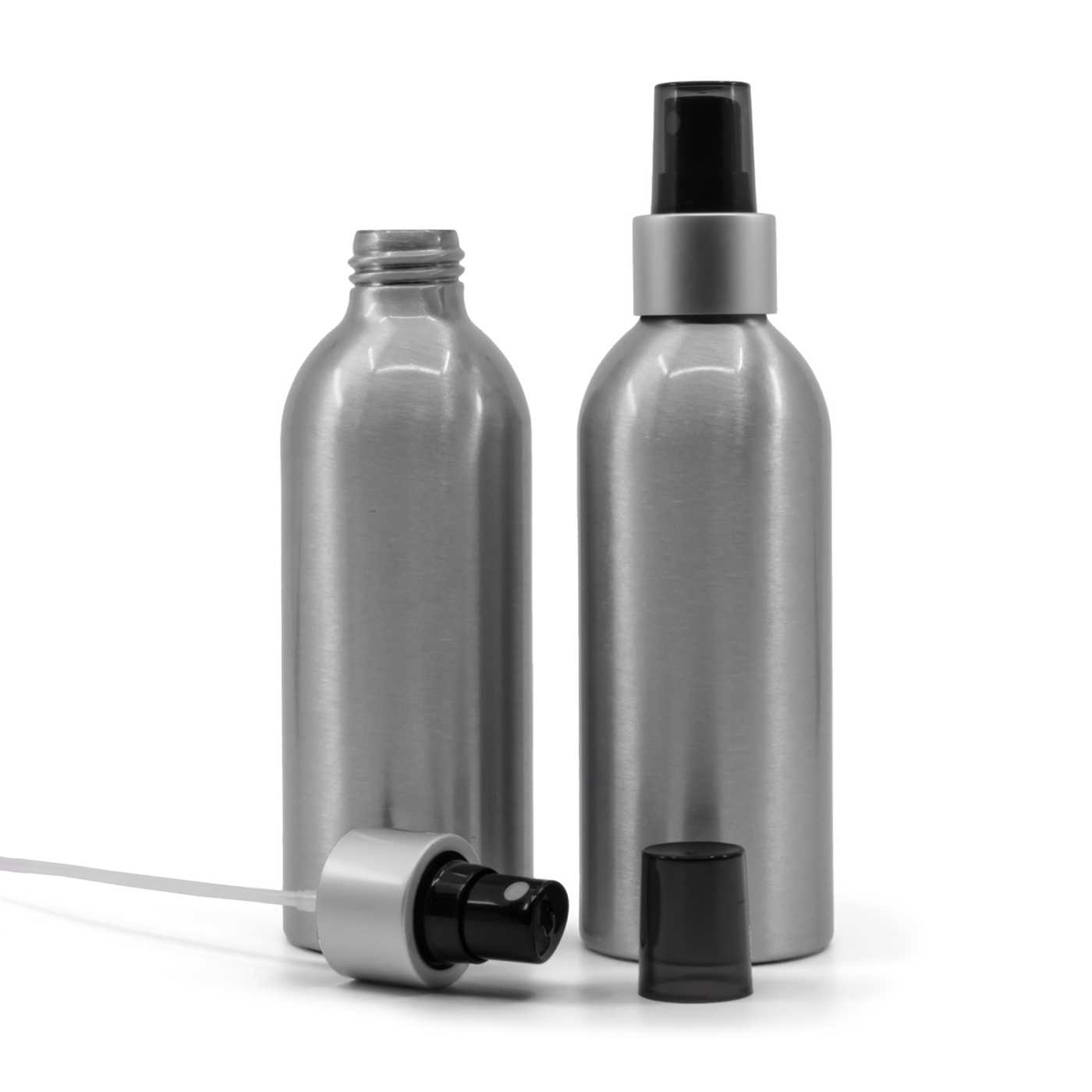 Hliníková fľaša, rozprašovač čierny, strieborná matná obruč, 200 ml