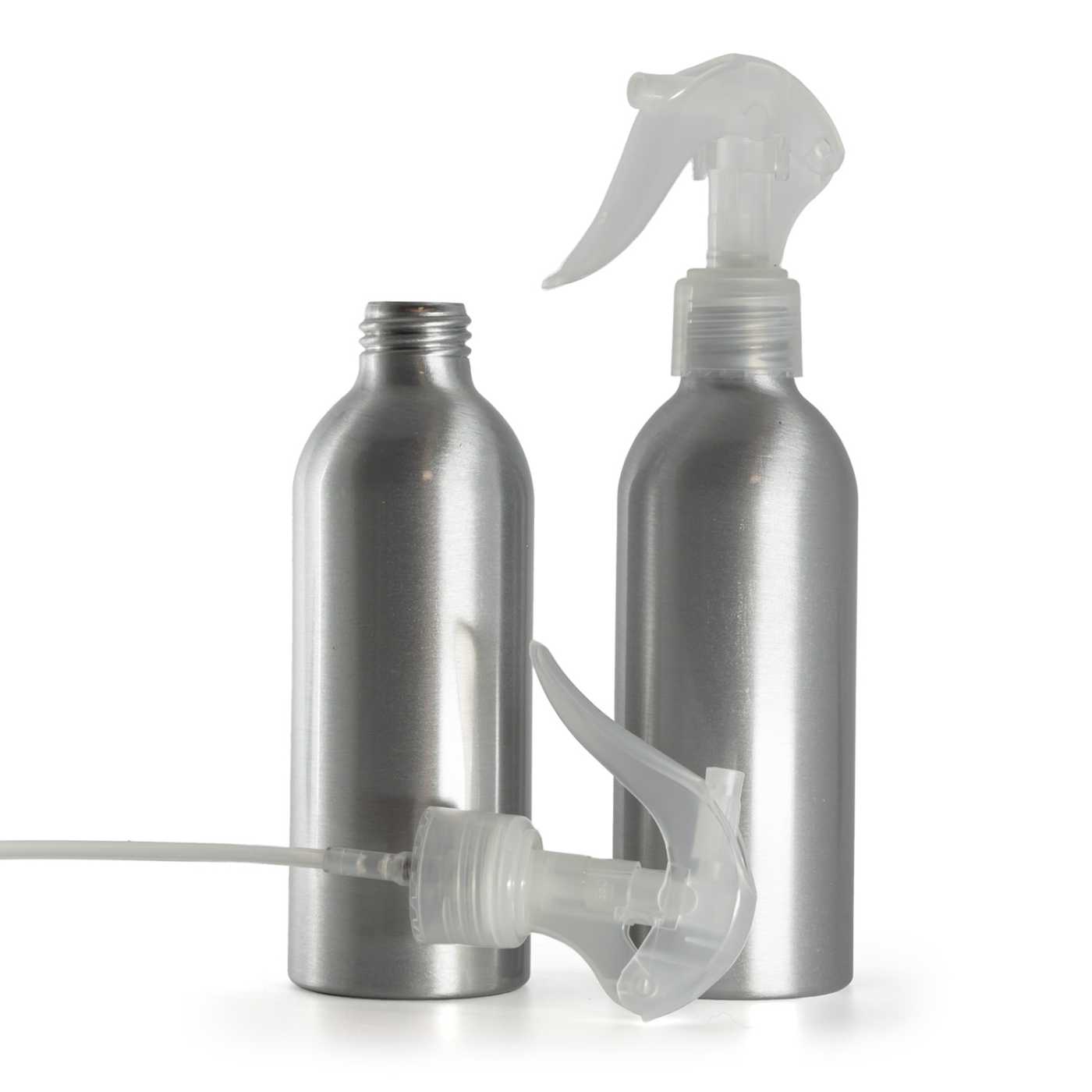 Hliníková fľaša, priehľadný pákový rozprašovač, 200 ml