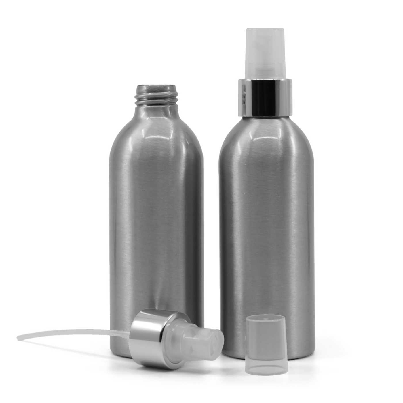 Hliníková fľaša, priehľadný rozprašovač, strieborná lesklá obruč, 200 ml