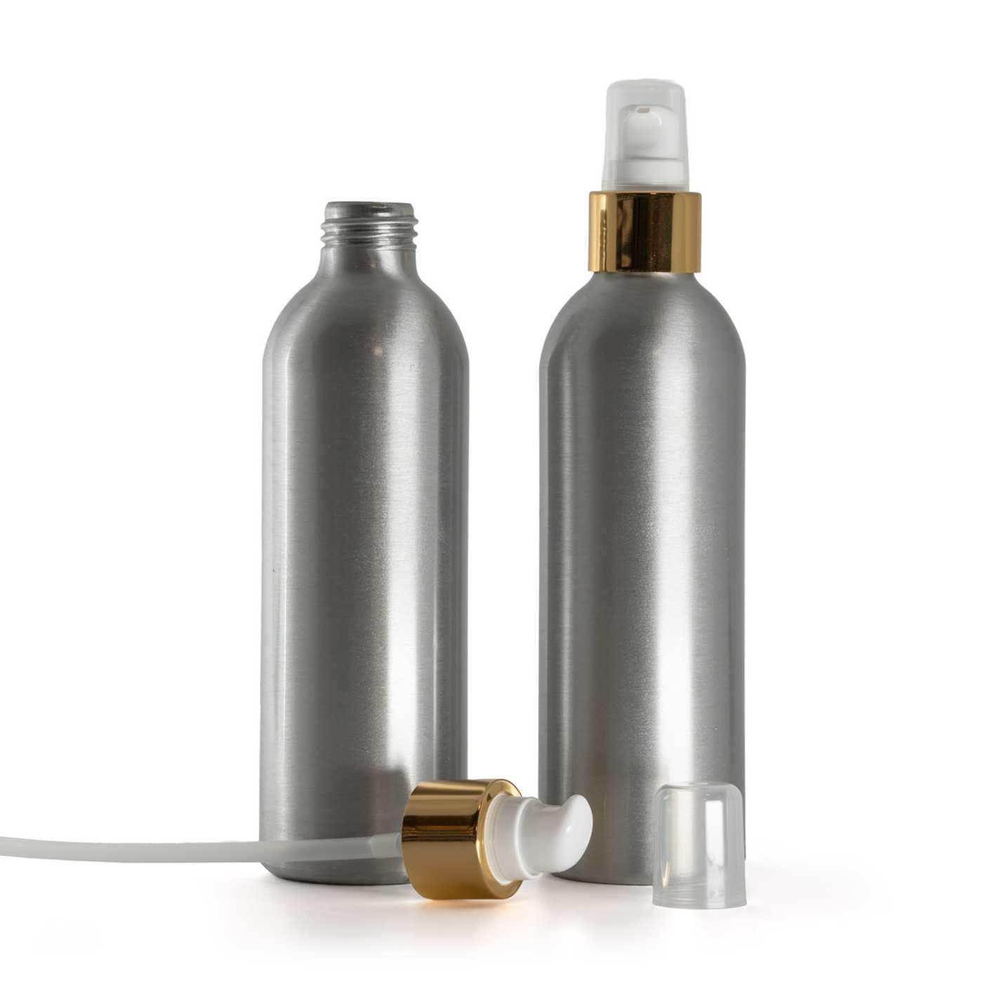 Butelka aluminiowa, biała pompka do balsamu z nasadką, błyszczące złoto, 225 ml