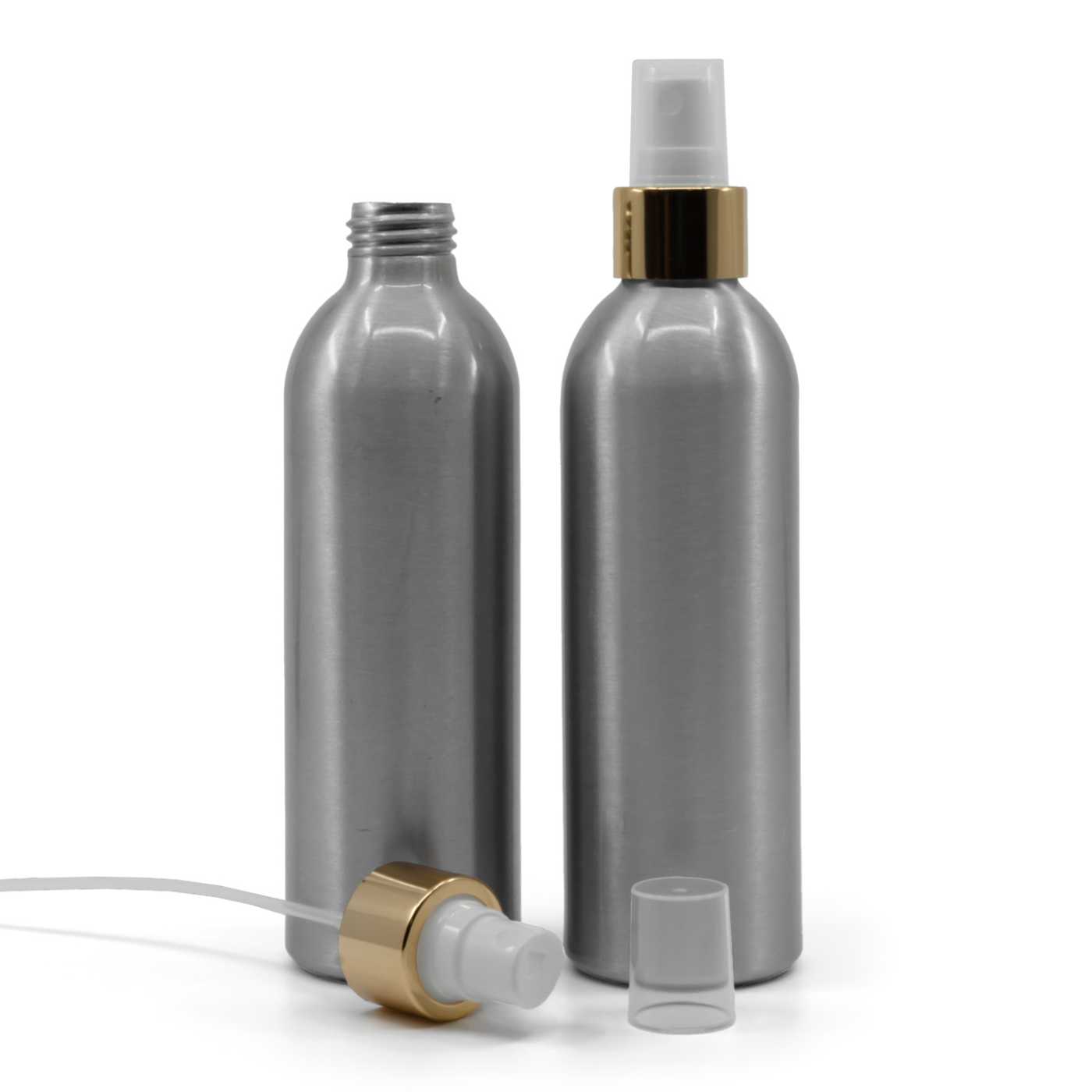 Bouteille en aluminium, spray brume fine blanc, bague dorée brillante, 225 ml