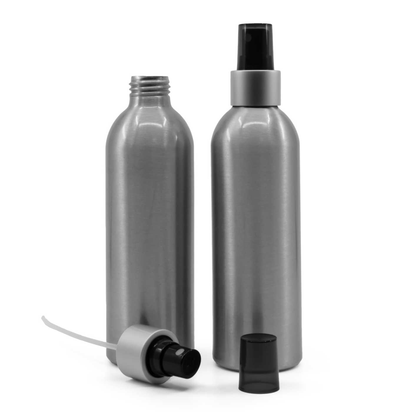 Bouteille en aluminium, spray noir, bague argentée mate, surcapuchon fumé, 225 ml
