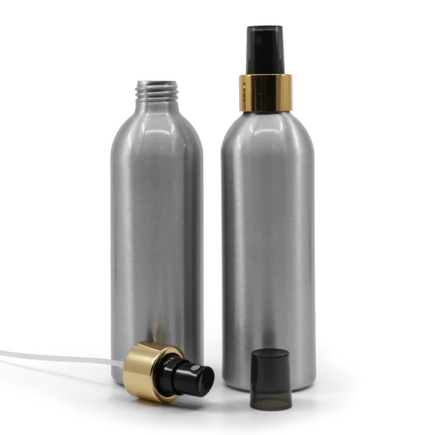 Bouteille en aluminium, spray noir, bague dorée brillante, 225 ml