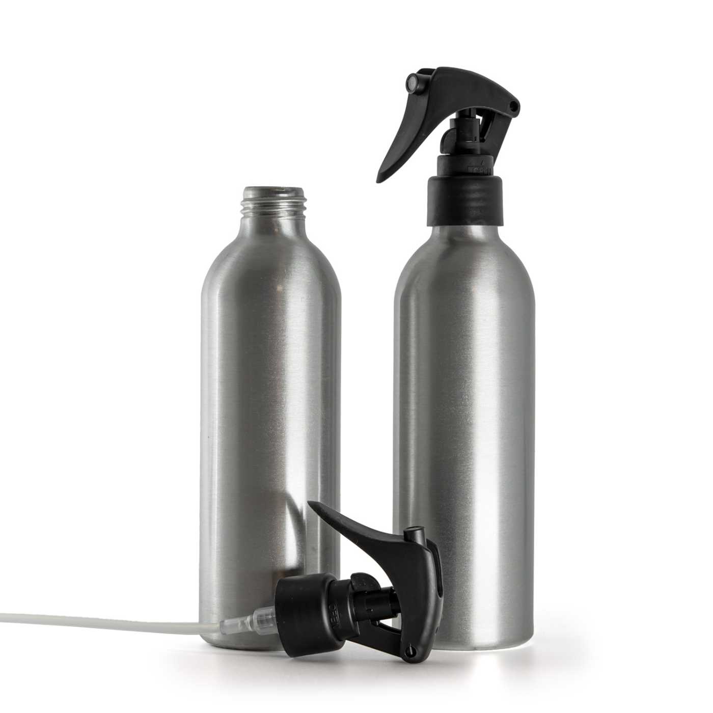Butelka aluminiowa, mini spryskiwacz z dźwignią, czarny mat, gładka obręcz, 225 ml