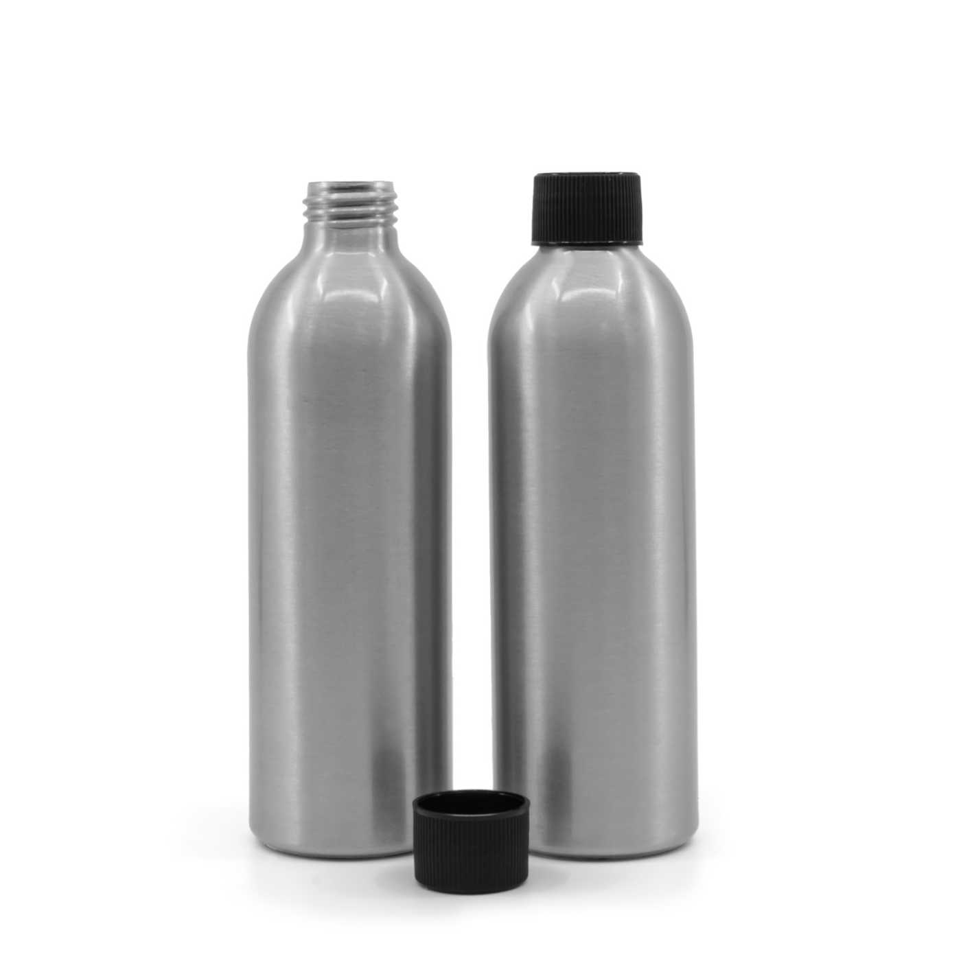 Butelka aluminiowa z czarną karbowaną nakrętką, 225 ml