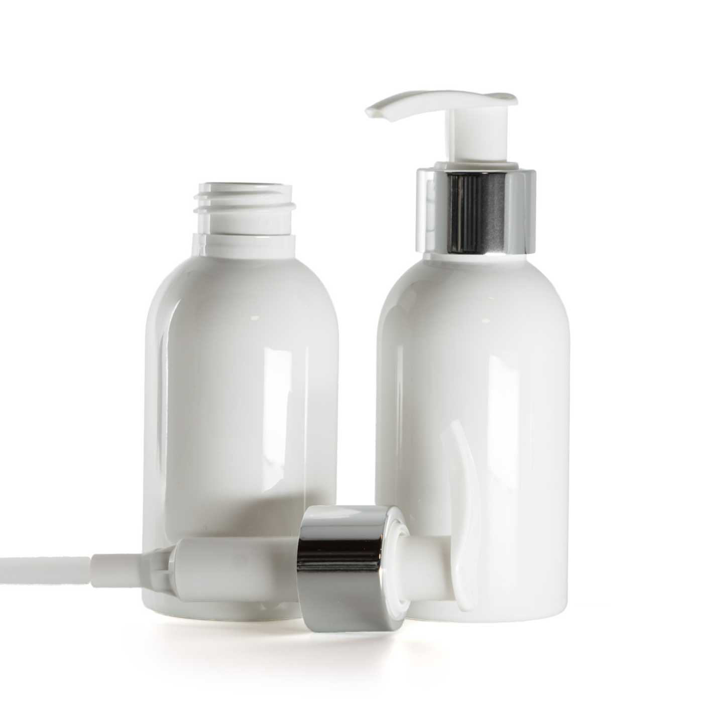 Plastová fľaša, biela, bielo-strieborný dávkovač, 100 ml