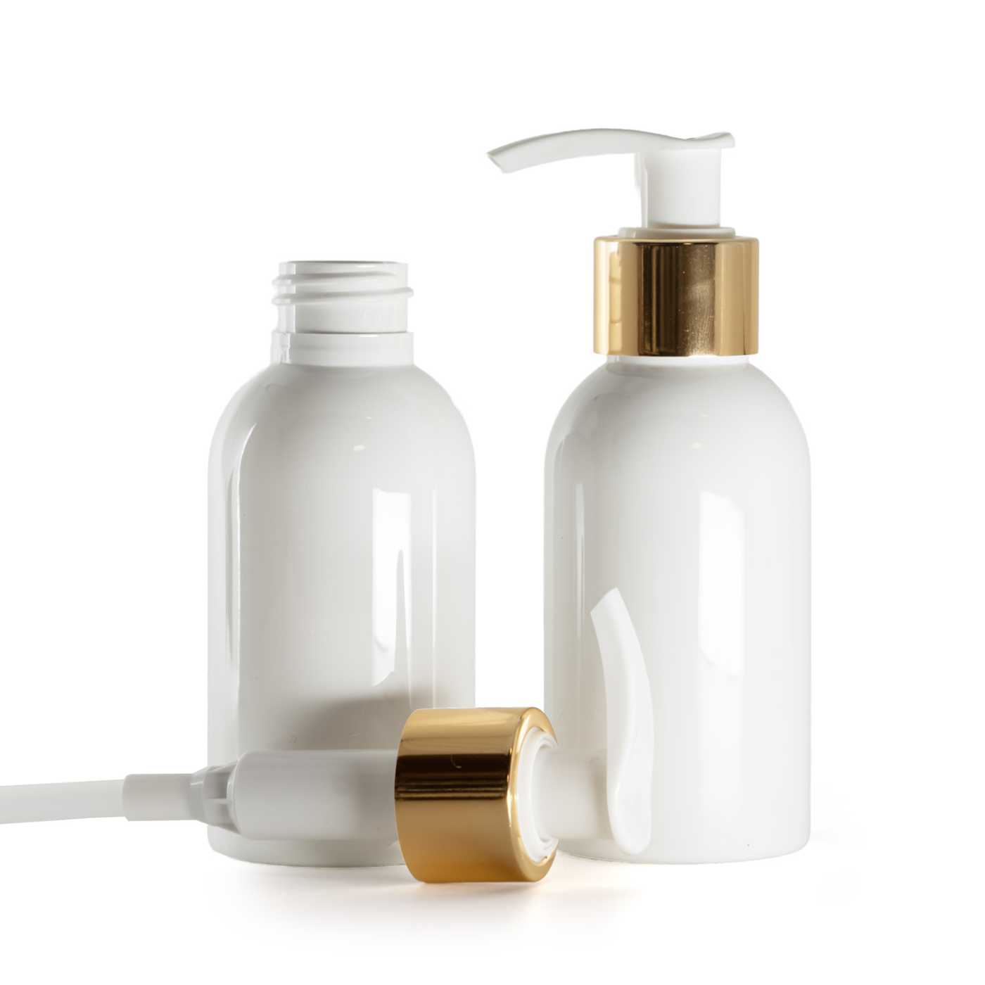 Plastová fľaša biela, bielo-zlatý dávkovač, 100 ml