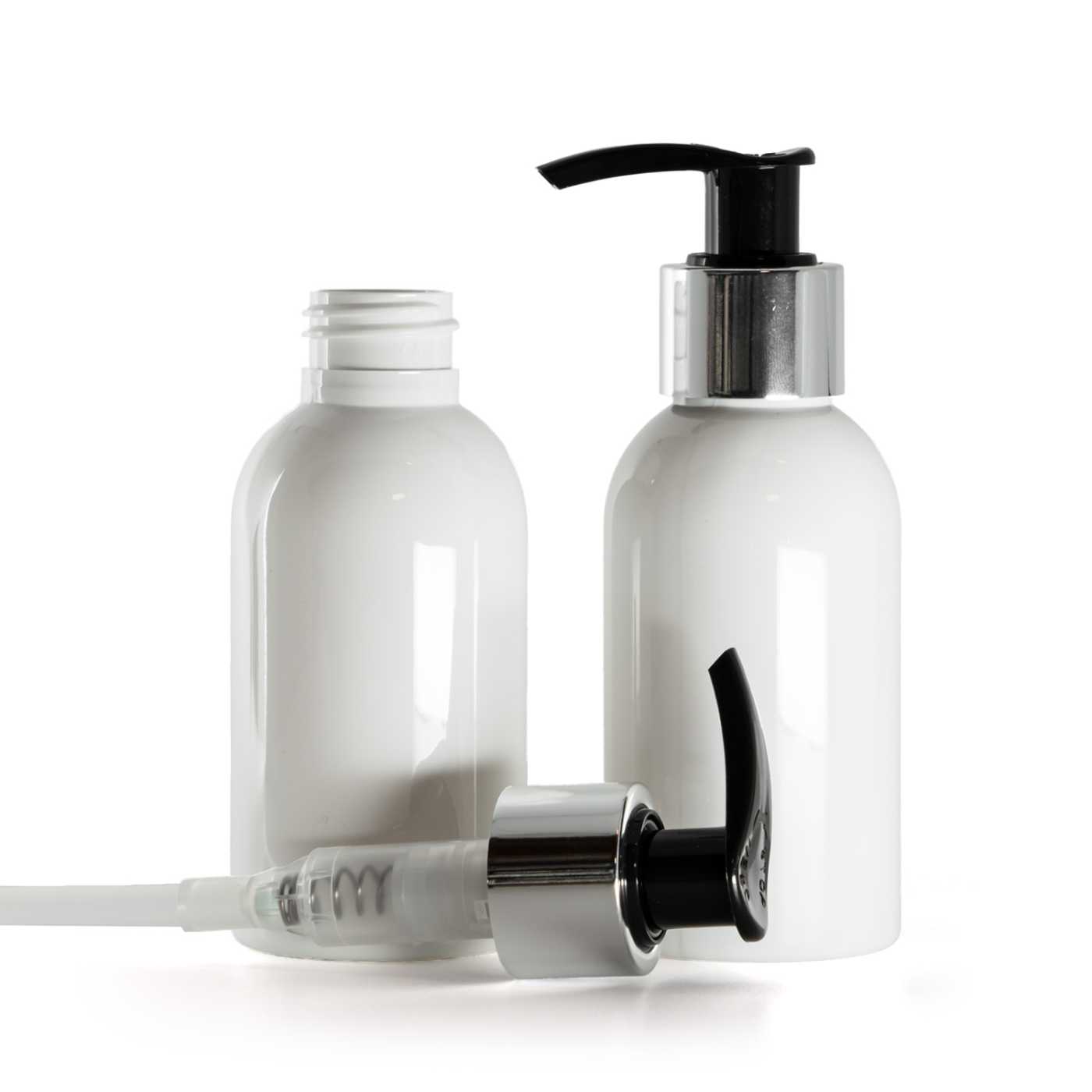 Plastová fľaša biela, čierno-strieborný dávkovač, 100 ml