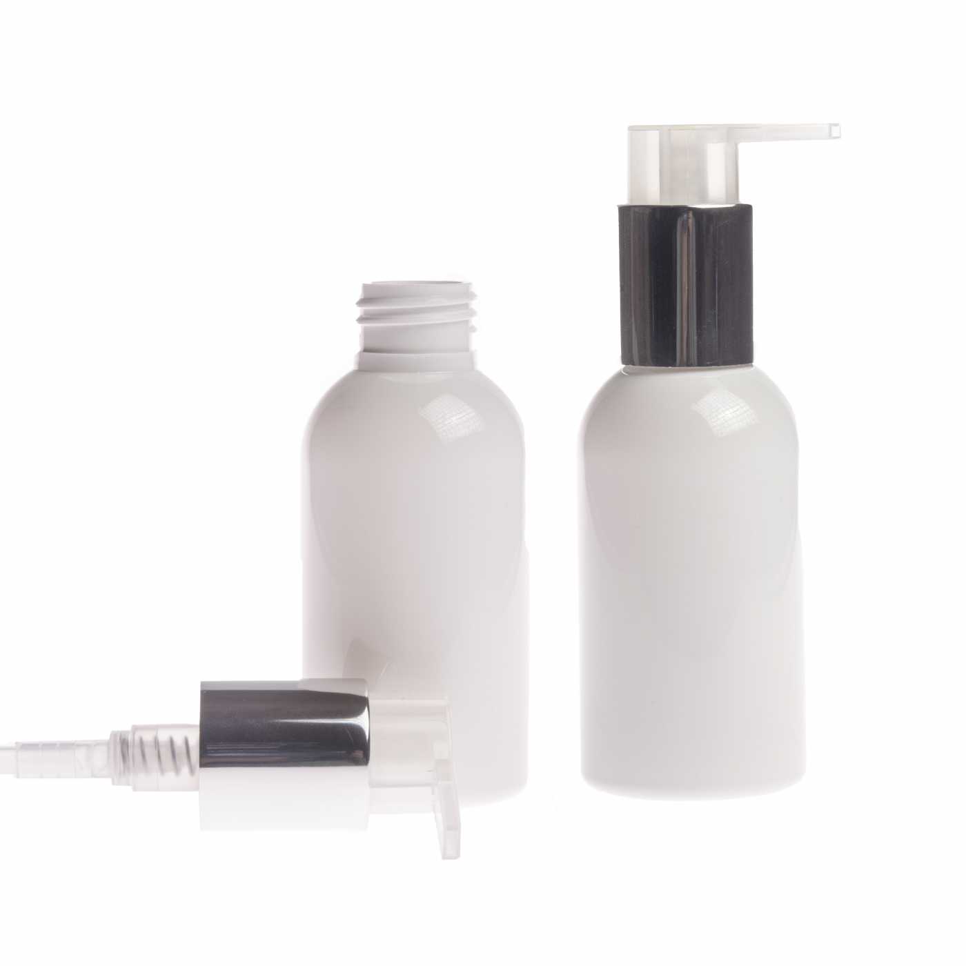 Plastová fľaša biela, strieborný dávkovač, 100 ml