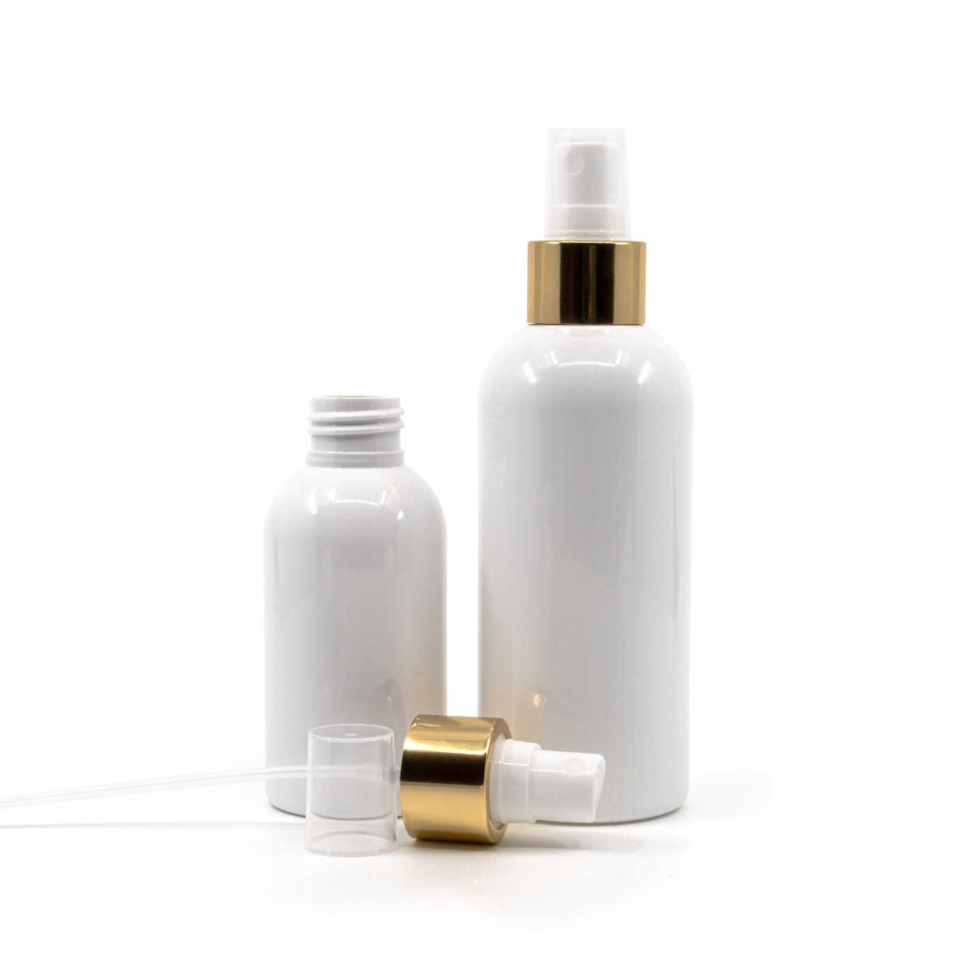 Plastová fľaša biela, biely rozprašovač, zlatá lesklá obruč, 100 ml