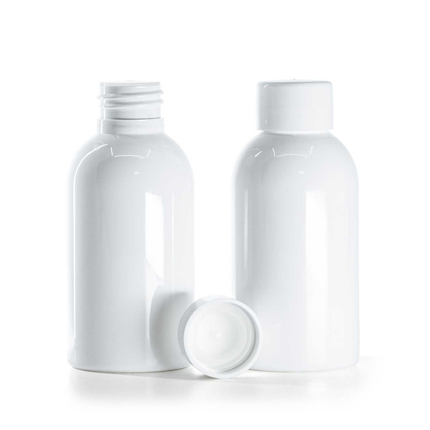 Plastová fľaša biela, vrchnák hladký biely s redukciou, 100 ml