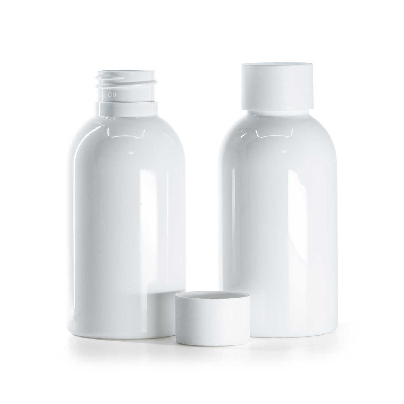Plastová fľaša biela, vrchnák matný biely, 100 ml