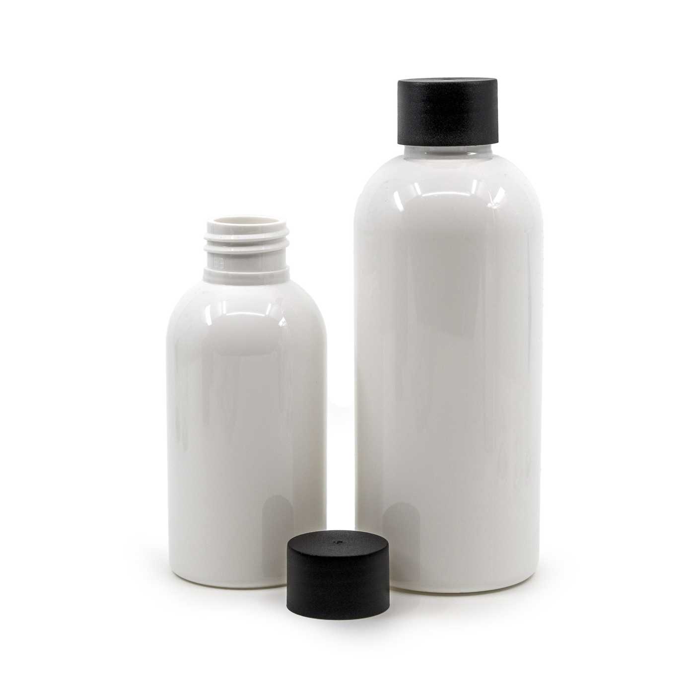 Plastová fľaša biela, 24/410, matný čierny vrchnák, 100 ml