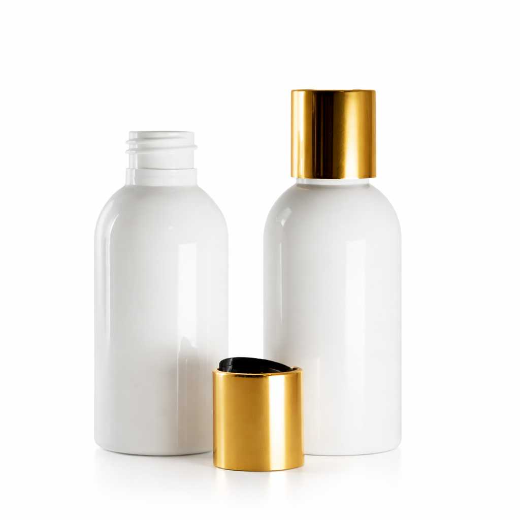 Plastová fľaša, biela, disc top vrchnák, zlatý, čierny stred, 100 ml