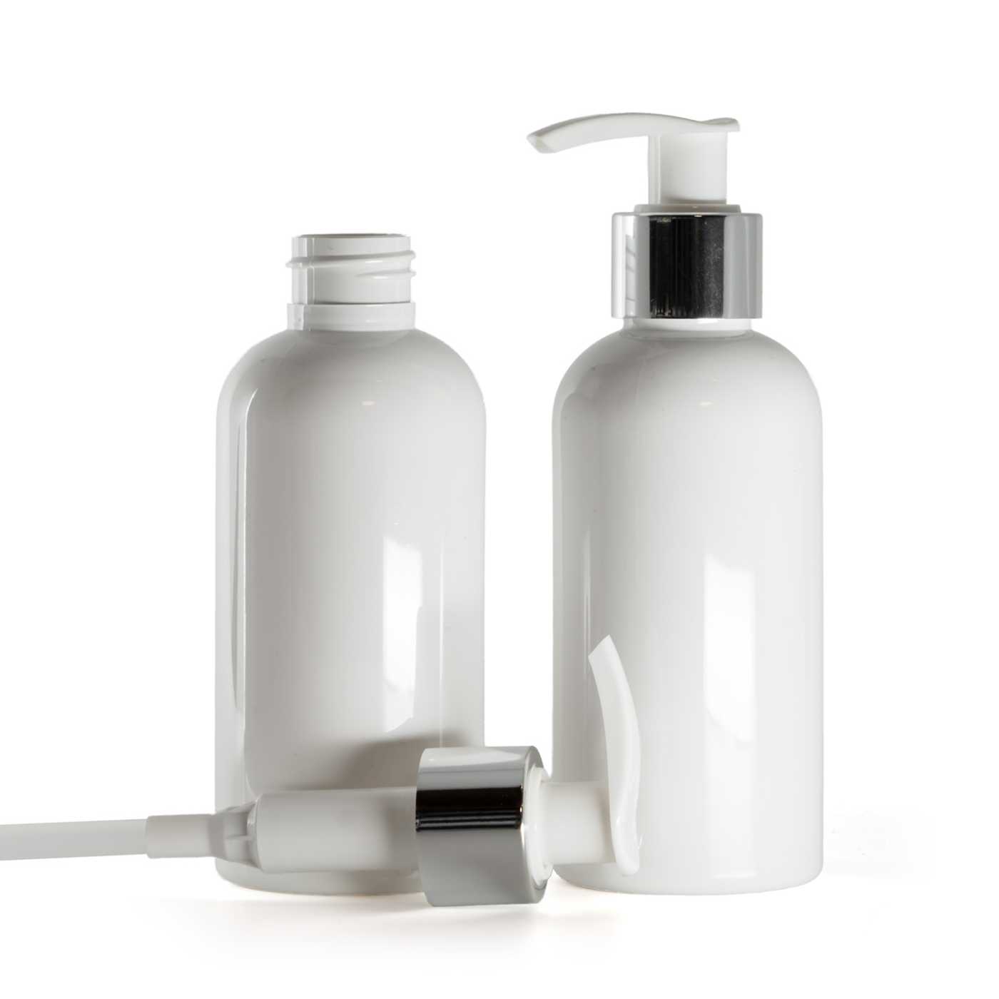 Plastová fľaša biela, bielo-strieborný dávkovač, 150 ml