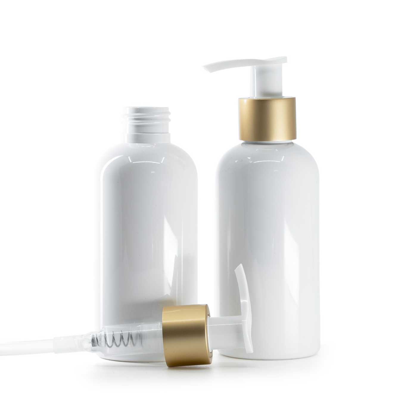Plastová fľaša biela, bielo-zlatý matný dávkovač, 150 ml