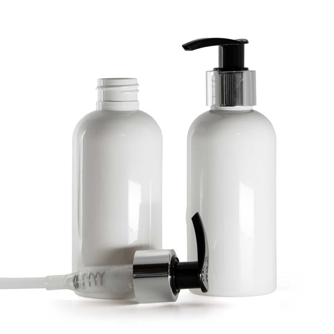 Plastová fľaša biela, čierno-strieborný dávkovač, 150 ml