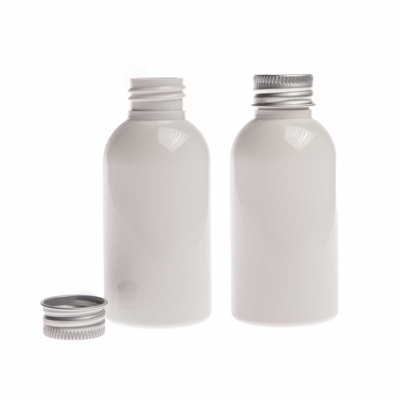 Butelka plastikowa biała, srebrna nakrętka aluminiowa, 150 ml