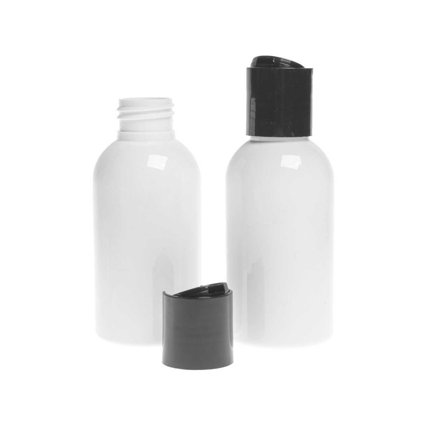 Plastová fľaša biela s čiernym disk topom, 150 ml