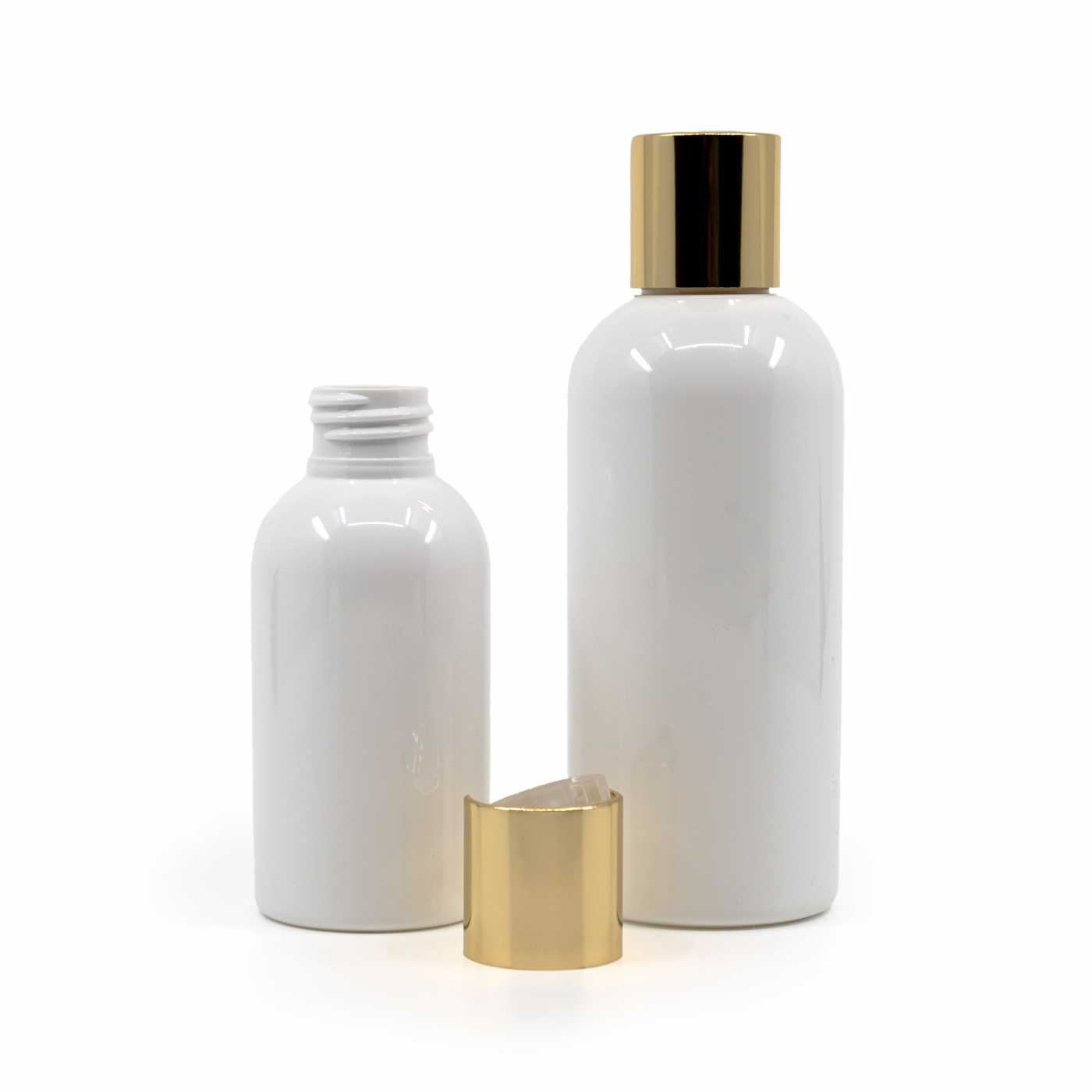Flacon en plastique blanc, bouchon flip-top doré, 150 ml