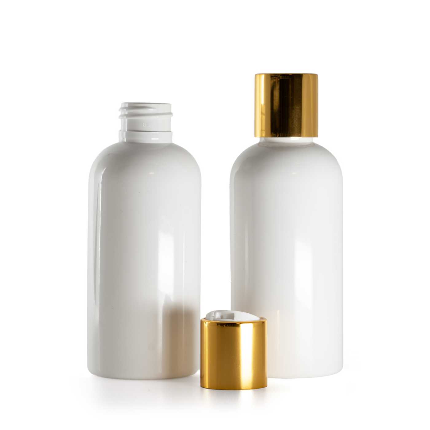 Butelka plastikowa biała, biały disc top ze złotym pierścieniem aluminiowym, 150 ml