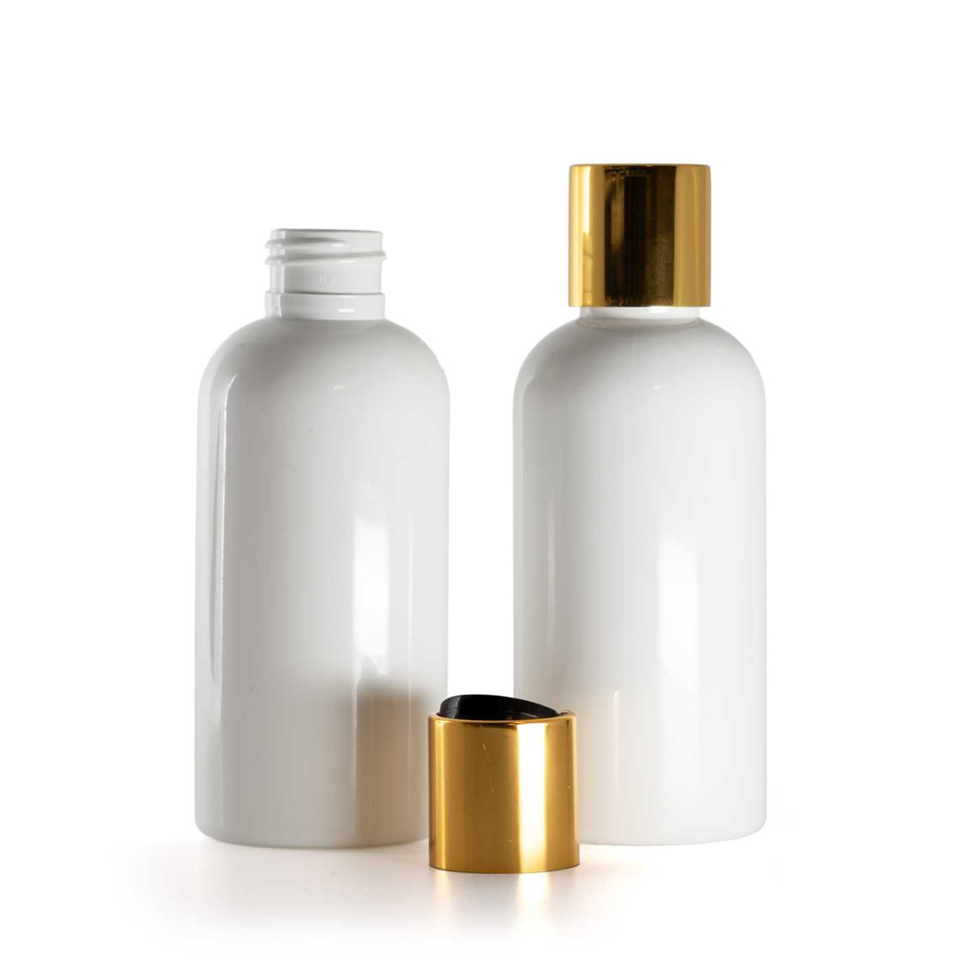 Butelka plastikowa biała, czarny disc top ze złotym pierścieniem aluminiowym, 150 ml
