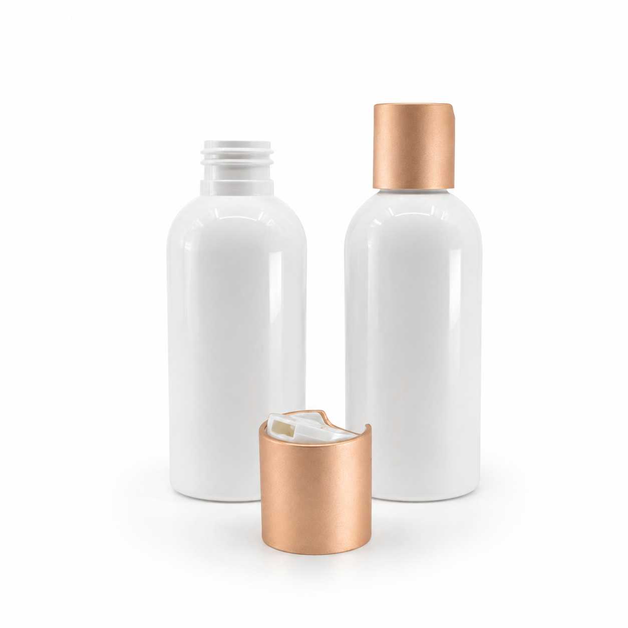 Bouteille en plastique blanche, bouchon disc-top avec bague en aluminium rose doré mat, 150 ml