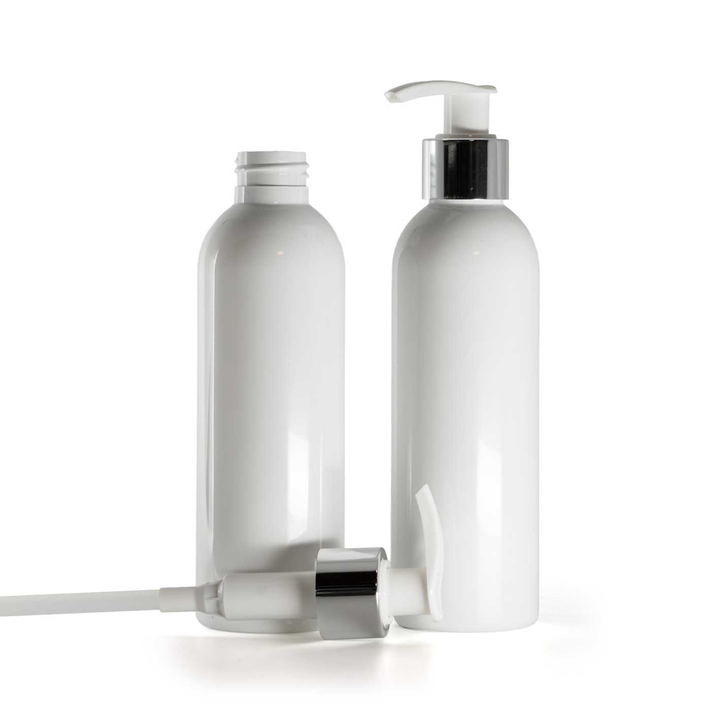 Plastová fľaša biela, bielo-strieborný dávkovač, 200 ml