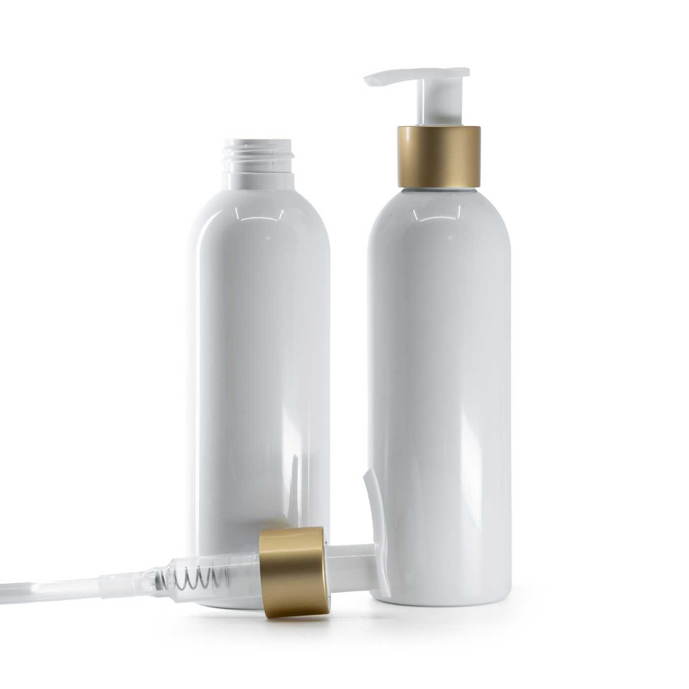 Plastová fľaša biela, bielo-zlatý matný dávkovač, 200 ml