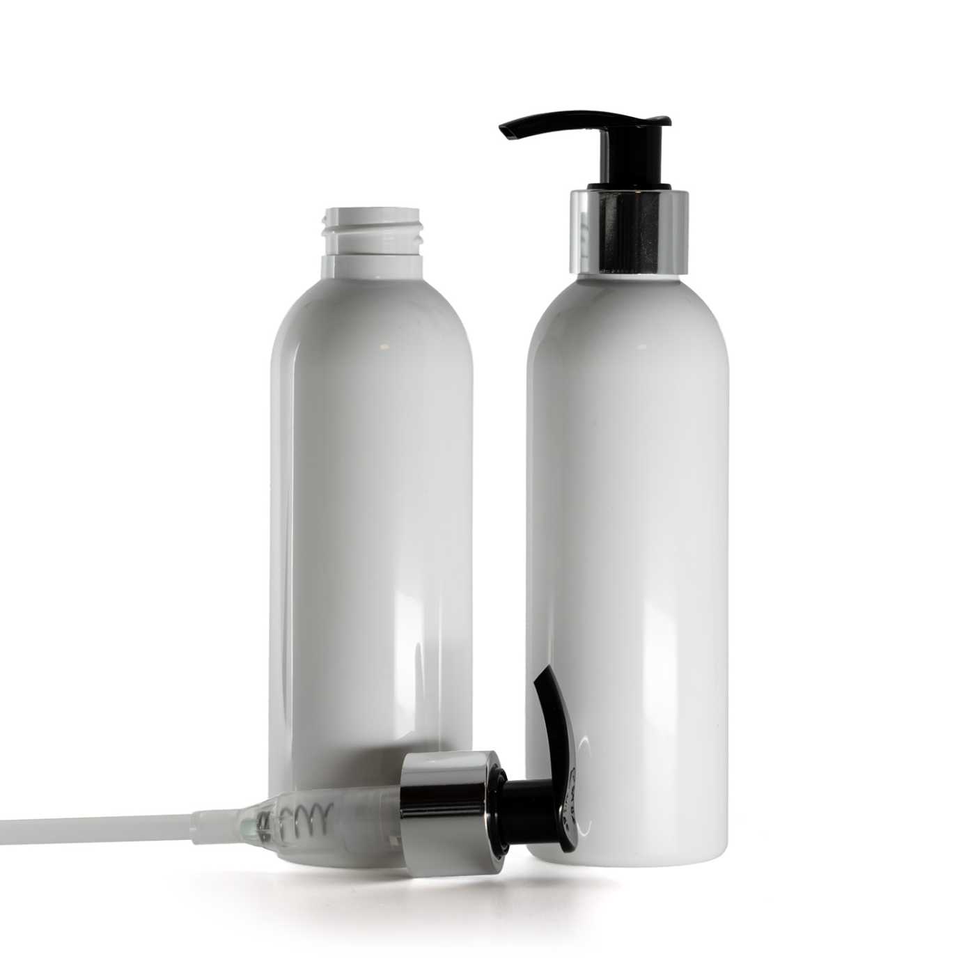 Plastová fľaša biela, čierno-strieborný dávkovač, 200 ml