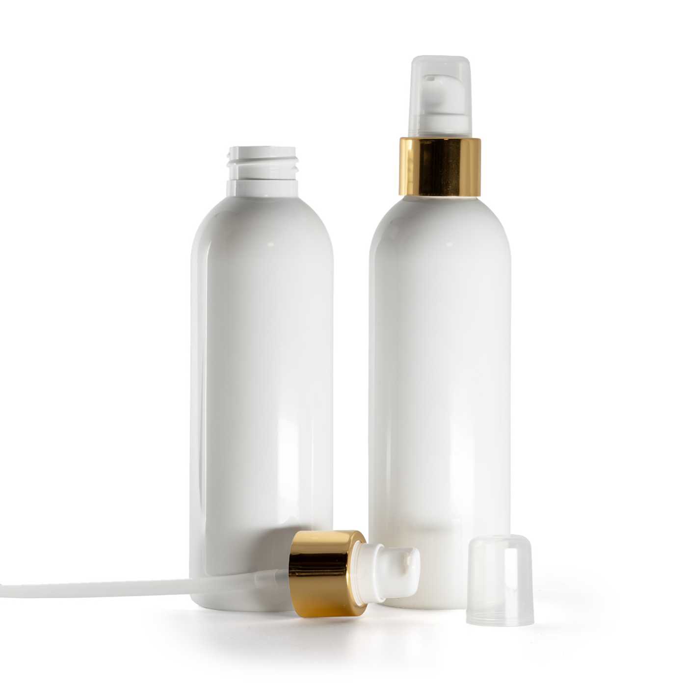 Butelka plastikowa biała, biała pompka z kapturkiem, biało-złota błyszcząca, 200 ml