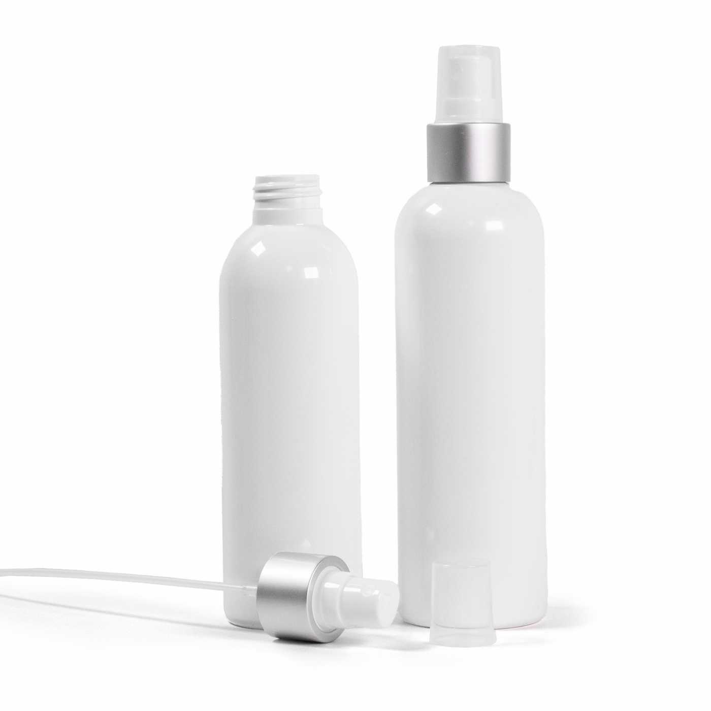 Plastová fľaša biela, biely rozprašovač, strieborná matná obruč, 200 ml