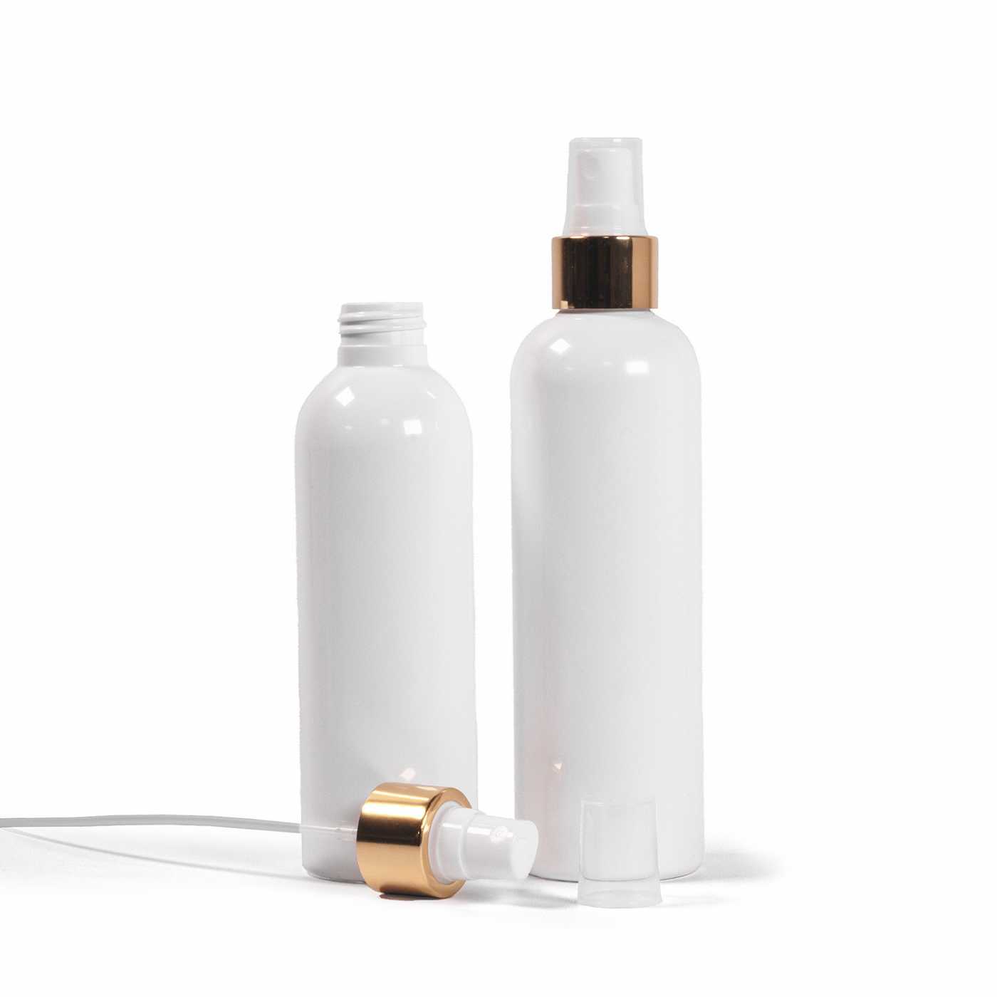 Plastová fľaša biela, biely rozprašovač, zlatá lesklá obruč, 200 ml