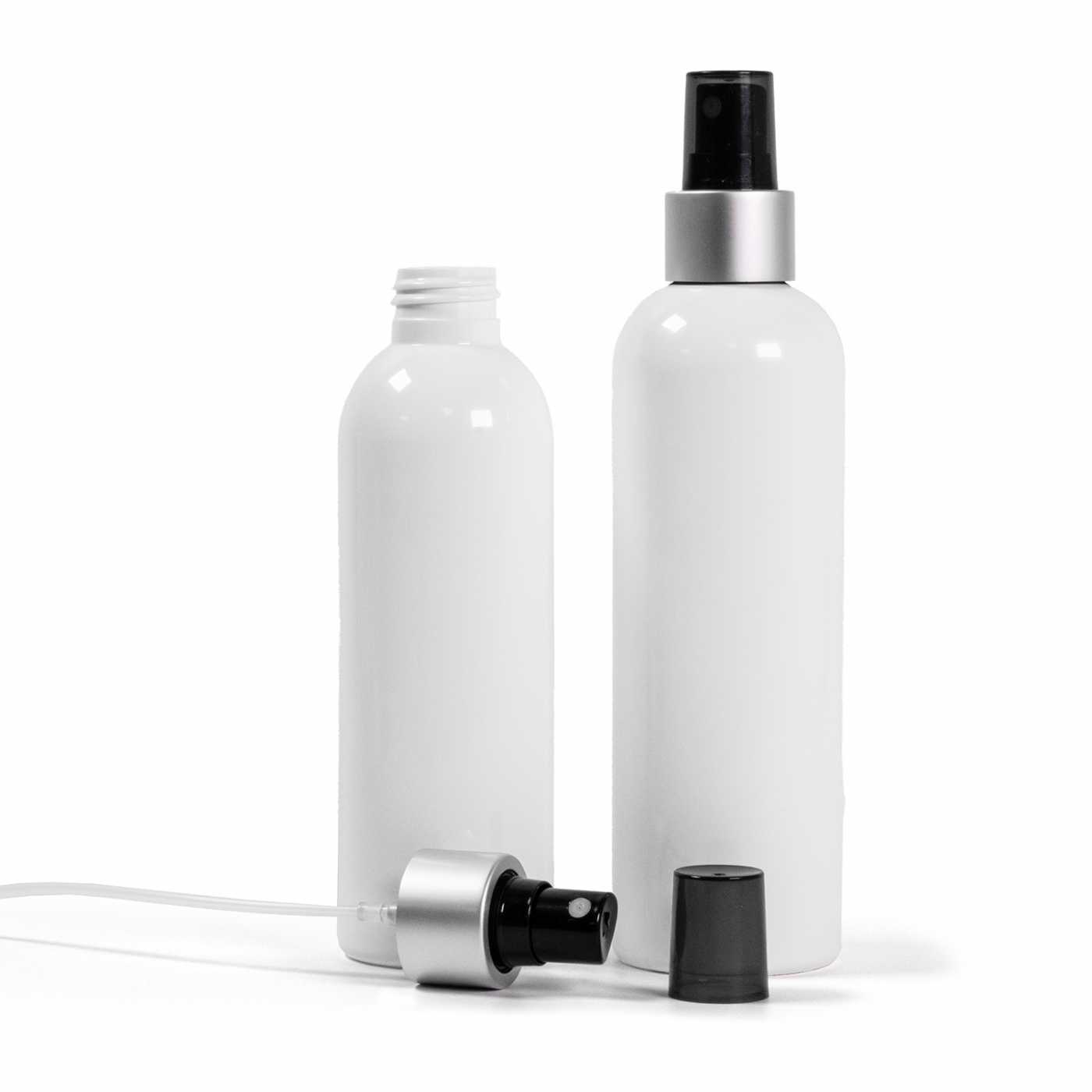 Plastová fľaša biela, rozprašovač čierny, strieborná matná obruč, 200 ml
