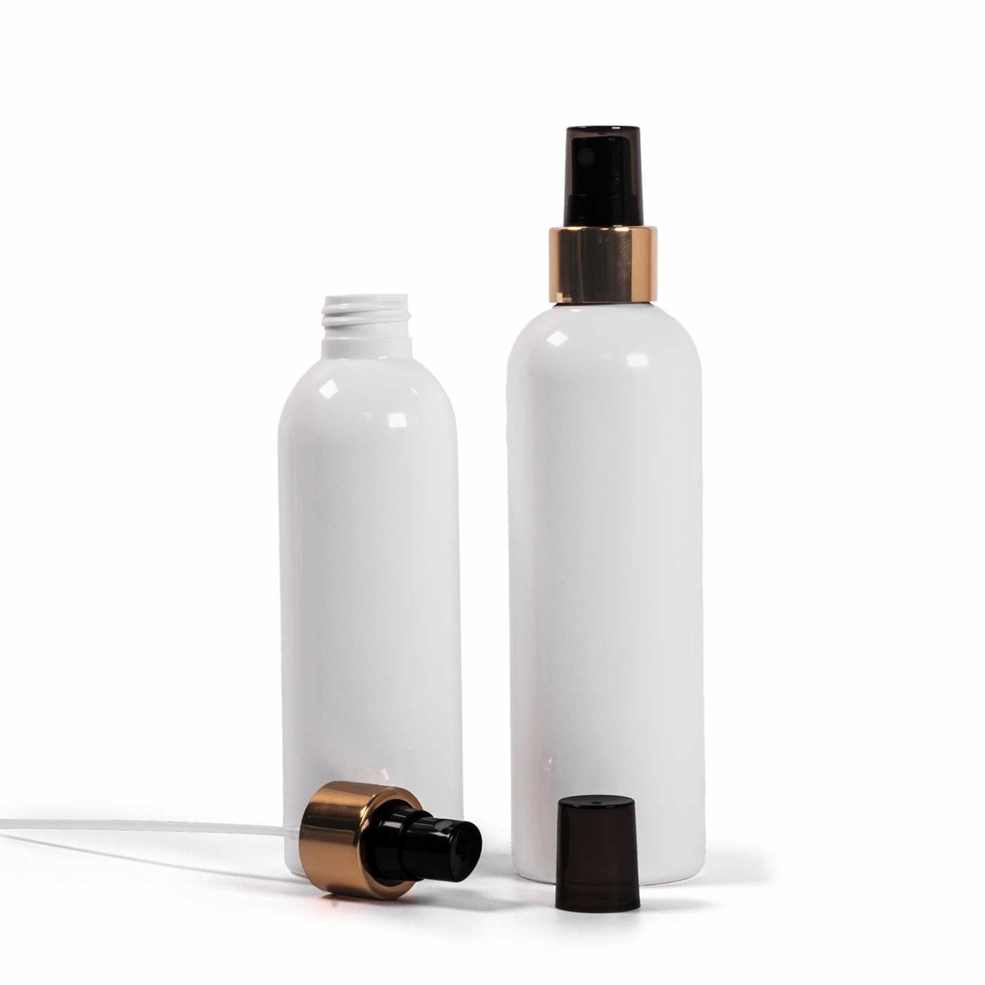 Plastová fľaša biela, čierny rozprašovač, zlatá lesklá obruč, 200 ml